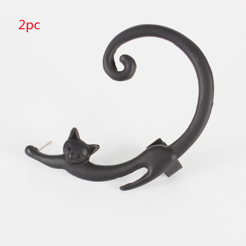 Single Piece Punk Style Cat Post Earring with Ear Cuff Rock Animal Black Stud Earring — image 11