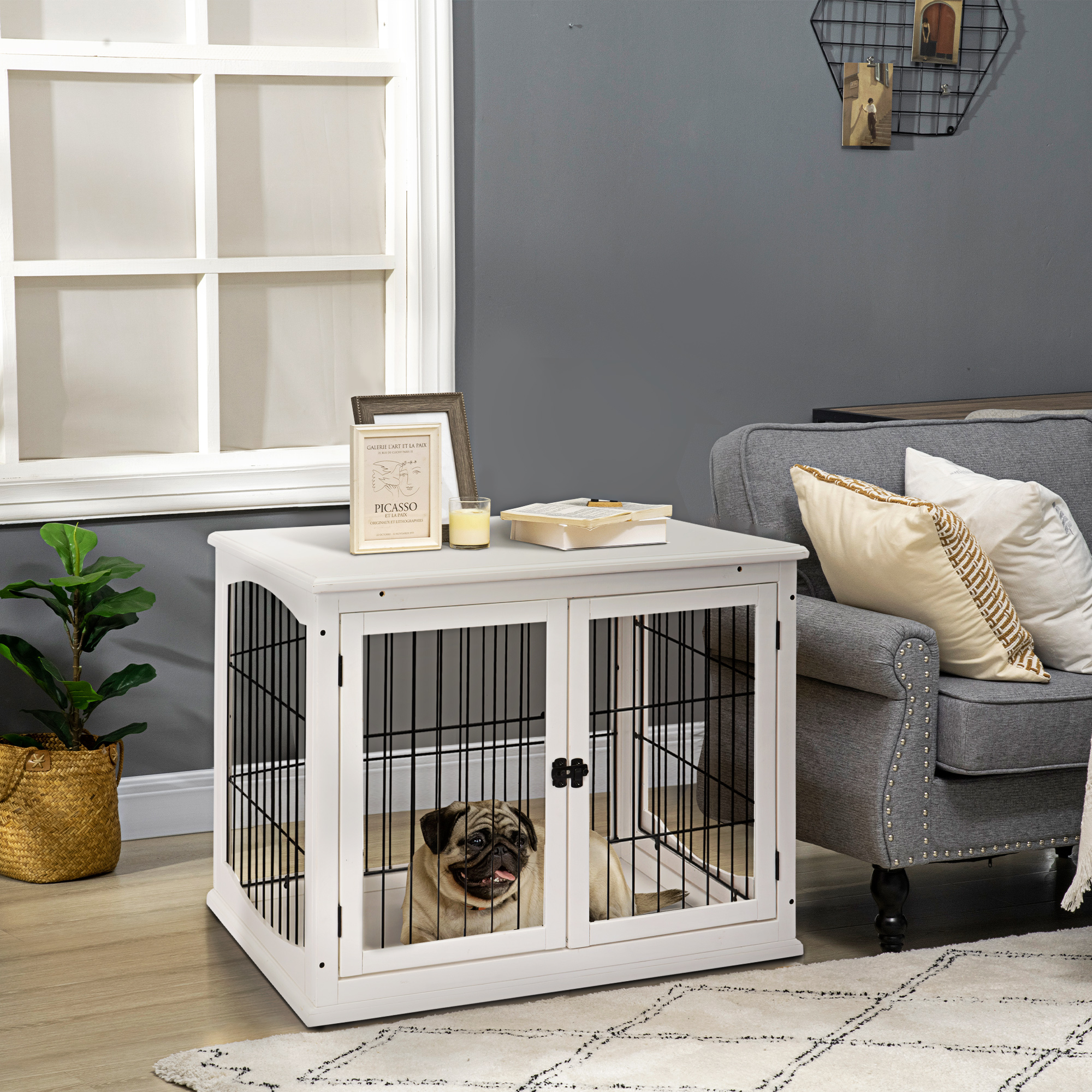 Dog Crate Furniture, 32" Small Dog Cage End Table with 2 Doors, Lockable Door, Puppy Kennel Indoor, White — image 1