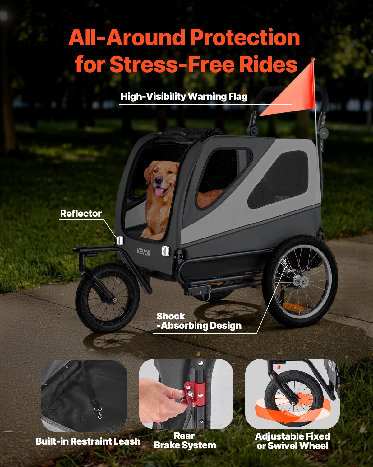 Dog Bike Trailer, Supports Up To 100 Lbs, 2-in-1 Pet Stroller Cart Bicycle Carrier For Small & Large Dogs, Easy Folding Frame With Quick Release Wheel, Universal Bicycle Coupler, Internal Leash — imagen 3