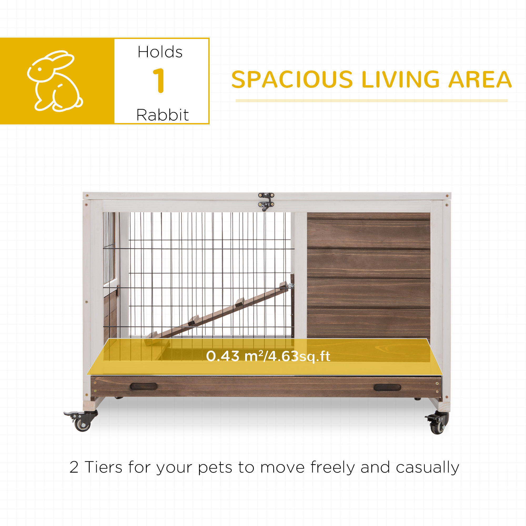 PawHut Caja de Conejo en Madera para Interior y Exterior, Jaula Elevada con Plataforma Sin Derrames Con puertas y Ruedas, Ideal para Conejos y Pequeños Animales, Marrón — imagen 2