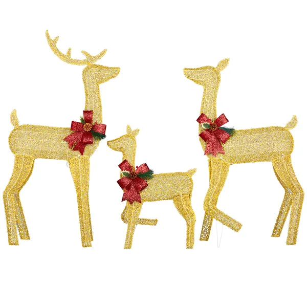 3-Piece Lighted Christmas Reindeer Family Set Outdoor Decorations, Weather Proof 2D Deer Family Set Of 3 Christmas Ornament Home Decor Pre-lit 200 LED Warm White Lights With Stakes, Golden — imagen 2