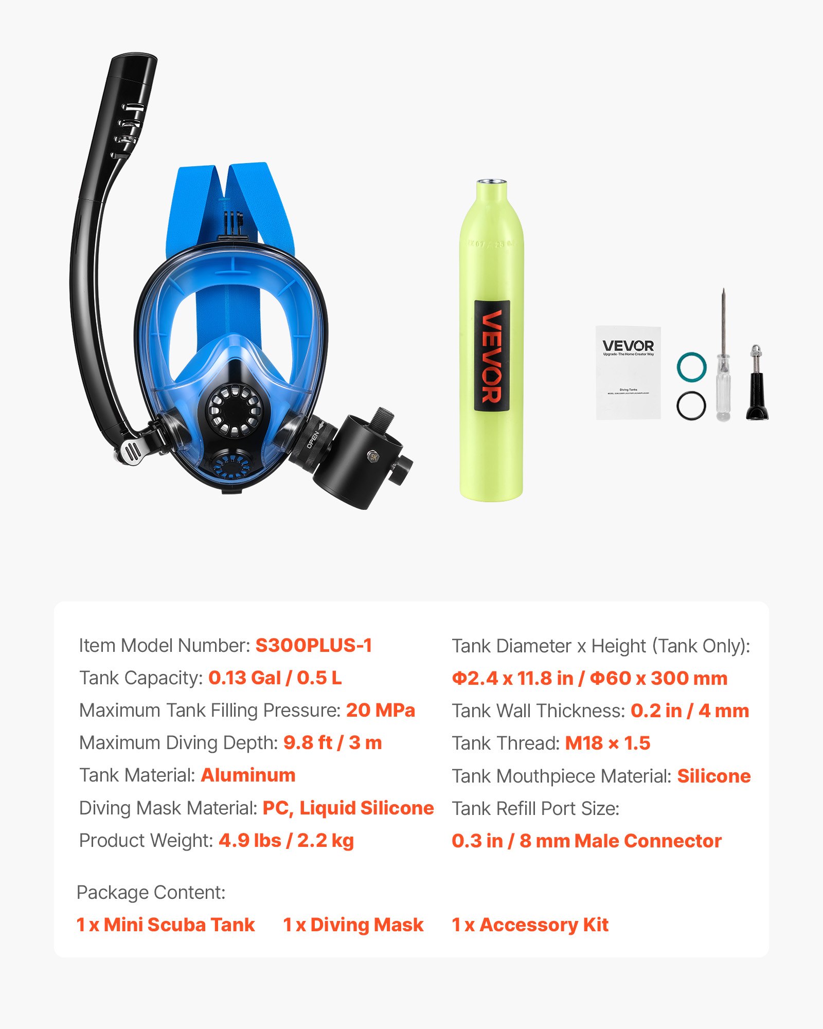 Tanque de buceo mini con máscara subacuática, 0,5L - Tanque portátil pequeño para respiración submarina, cilindro de respiración reutilizable hasta 10 minutos de tiempo de inmersión, botella pony de emergencia para snorkel — imagen 1