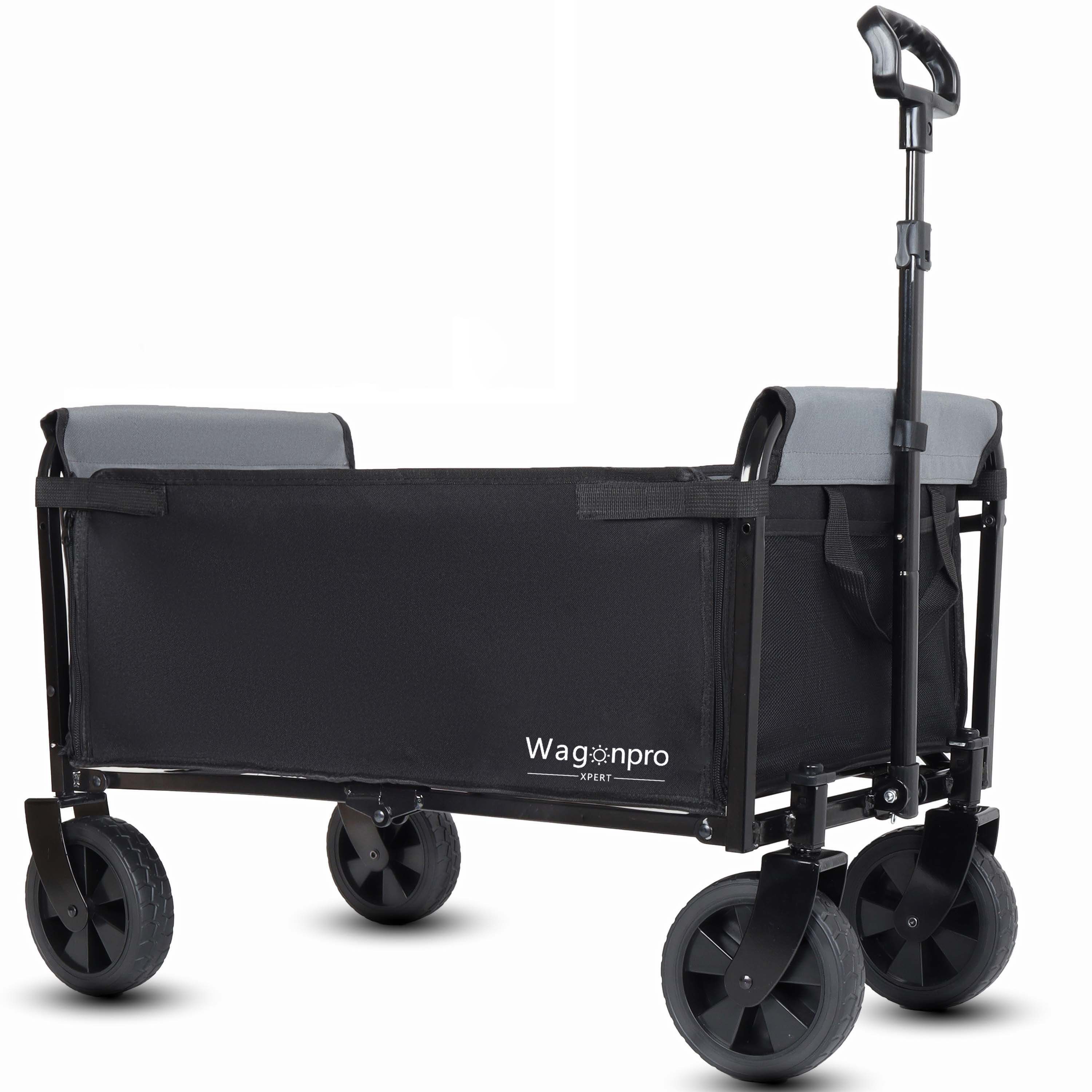 All- In- One Convertible Folding 4- Wheel Trolley With Bench Seat And Dog Leash - Heavy Duty Foldable Utility Trolley For Camping Beach Shopping - Versatile Seating And Storage Space Black Gray — image 1