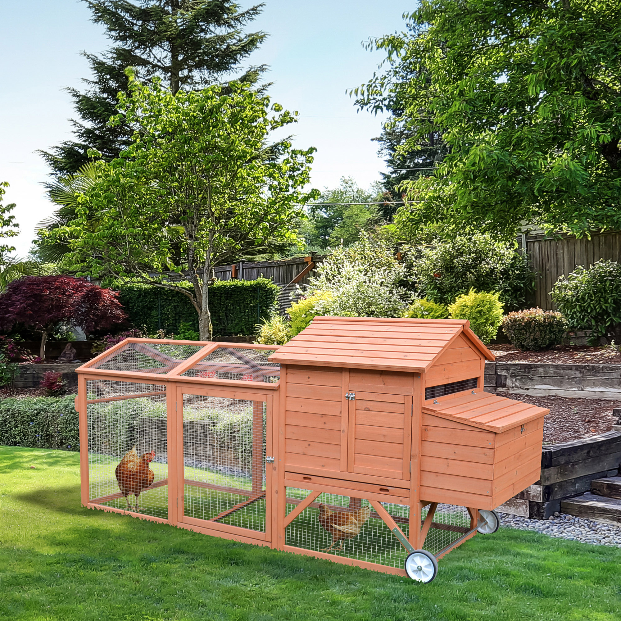 96.5" Chicken Coop Wooden Hen House Poultry Cage Pen Portable with Wheels and Nesting Box, Chicken Cage for Backyard Outdoor, Natural — imagen 1
