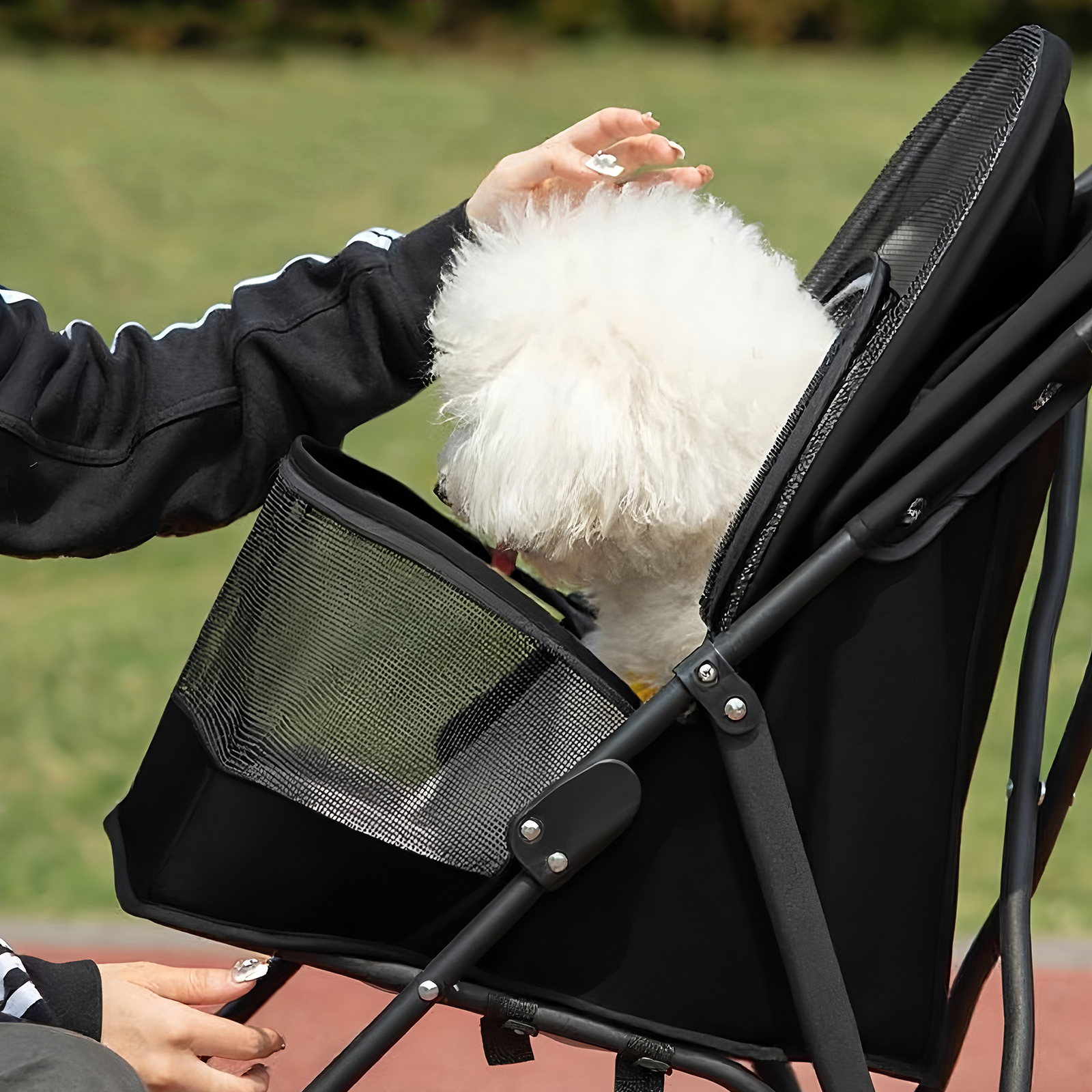 Carril para Pequeños Perros Gatos con Ventilación de Malla, Diseño Ligero Plegable, Taza Integrada, Negro — imagen 4