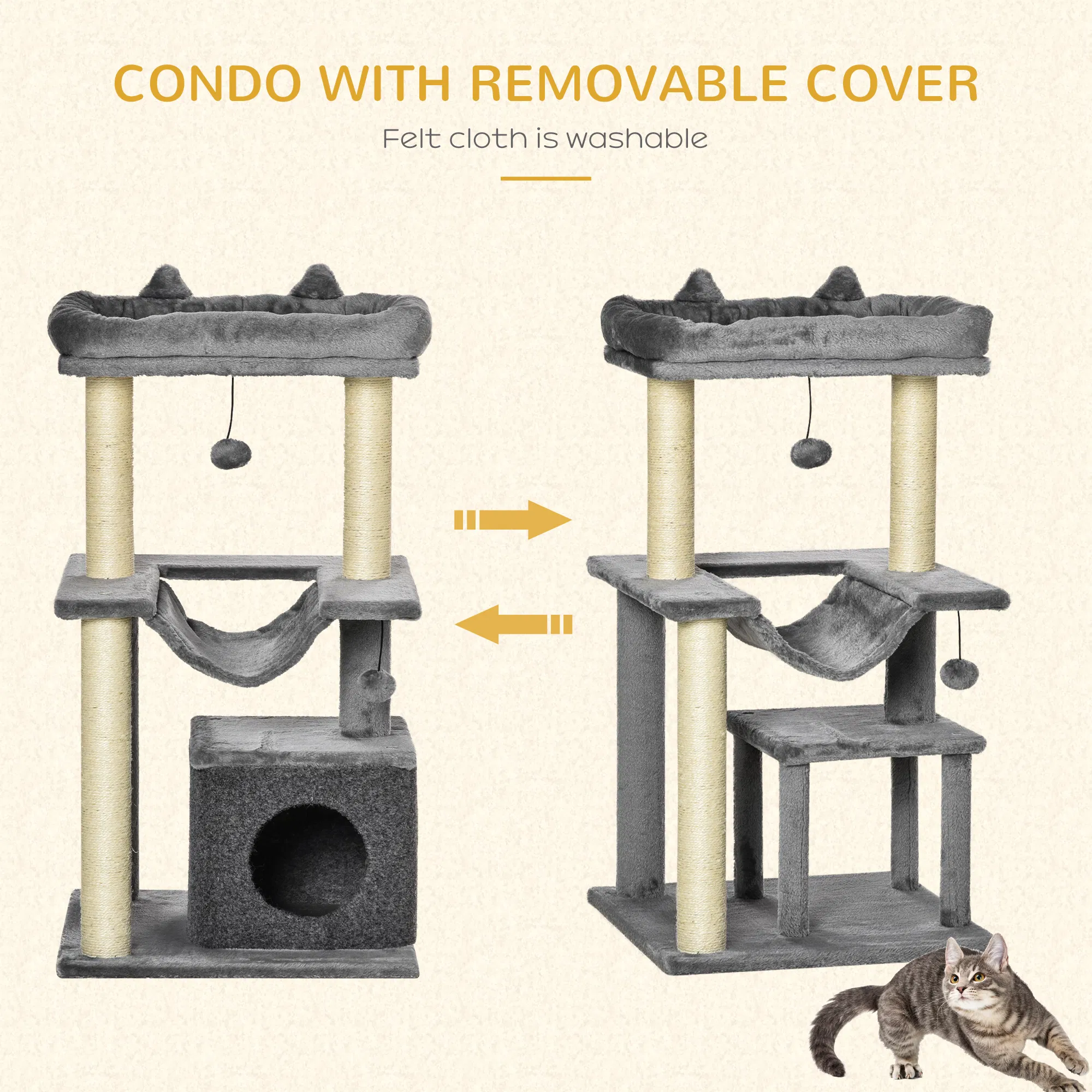 39.25'' Cat Tree Tower Multi-Level Kitten House with Scratching Post Condo Hammock Bed Ball Toy - Gray — image 2