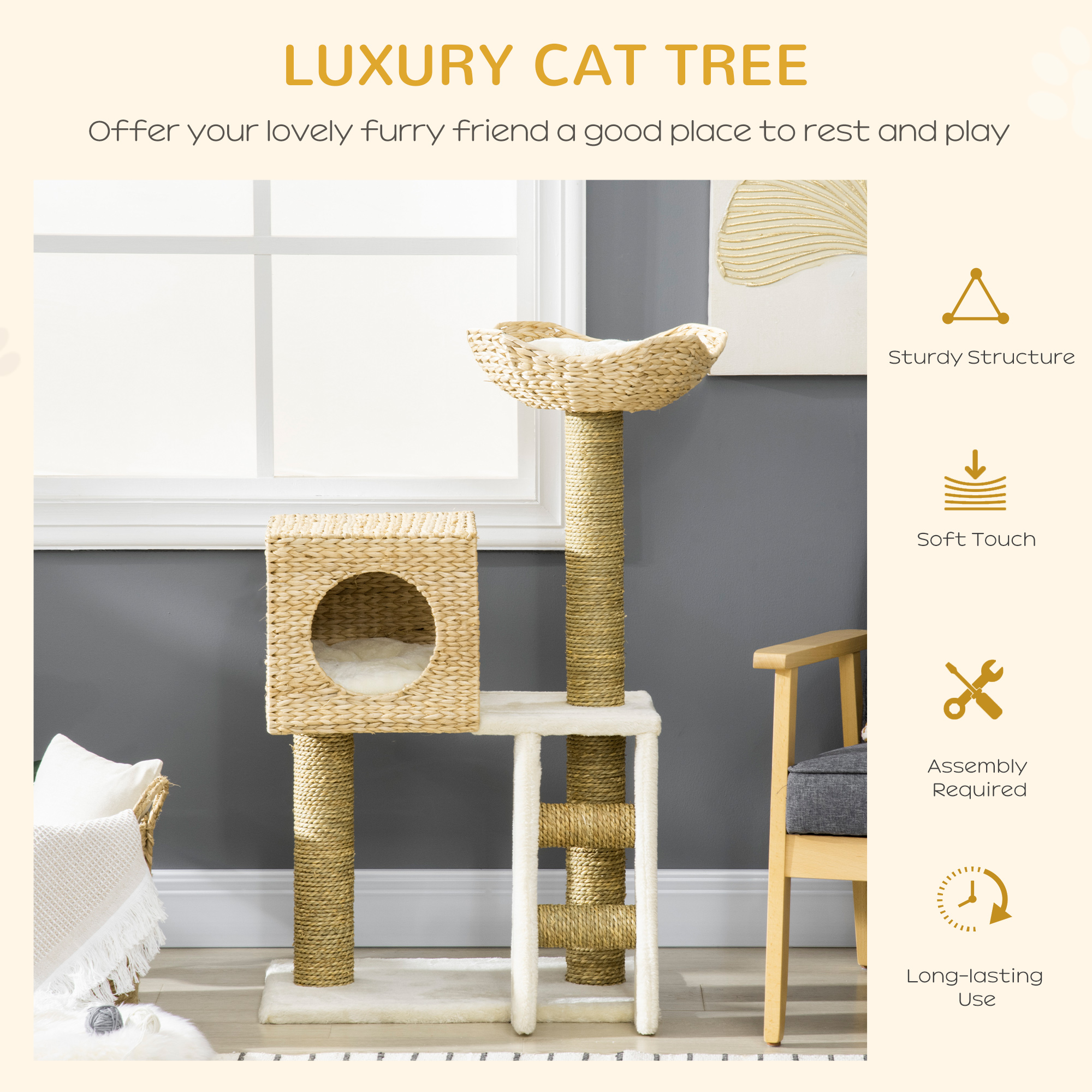 Arbol de Paja para Gatos con Cama de Rattán, Colgador y Fundas Limpiables, 22.5" x 14.5" x 39.5", Natural — imagen 2