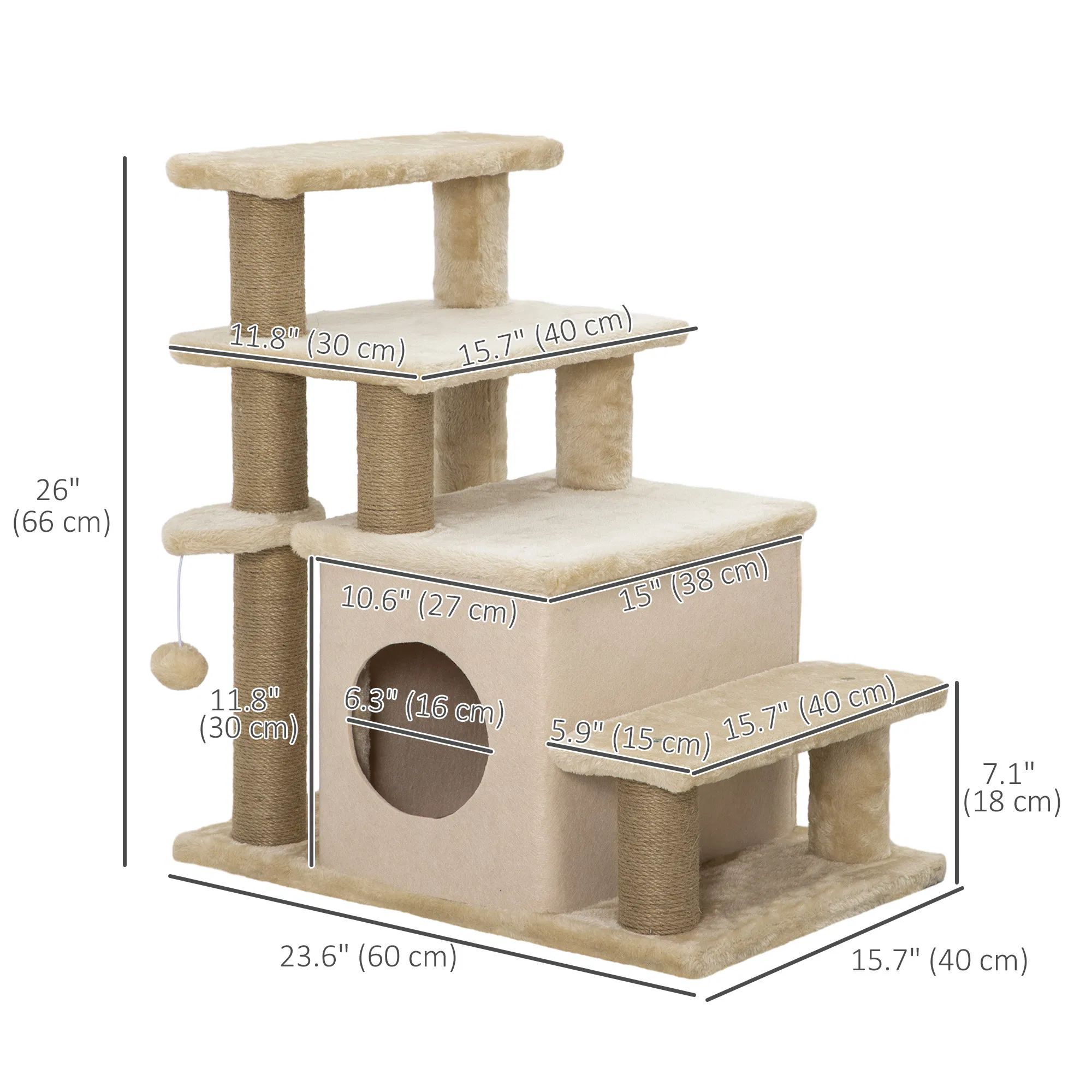 Cat Stairs Pet Steps for Couch Bed with Scratching Posts Condo Ball Toy, 23.6" x 15.7" x 26", Beige — image 3