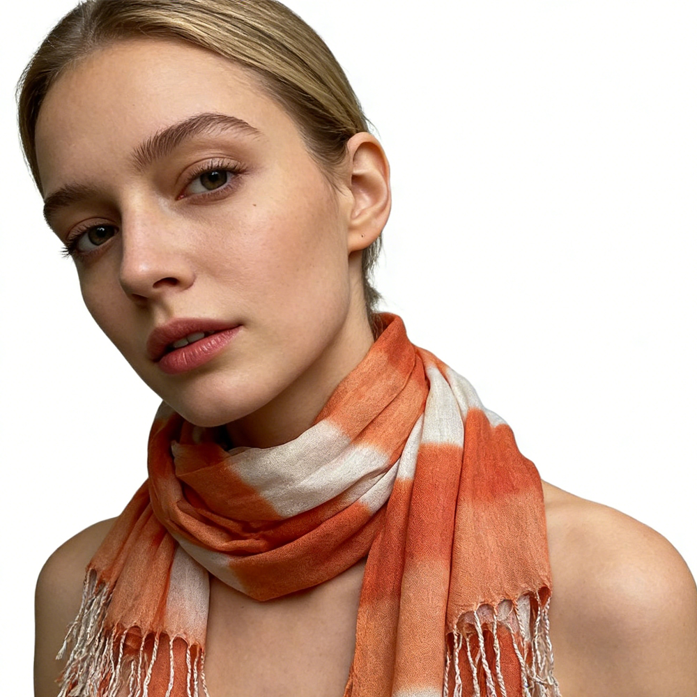 2pcs Coral Toned Abstract, Flowy Casual Scarf, Orange Red Printed Scarf, Fringed Edges For Movement Women Men — imagen 3