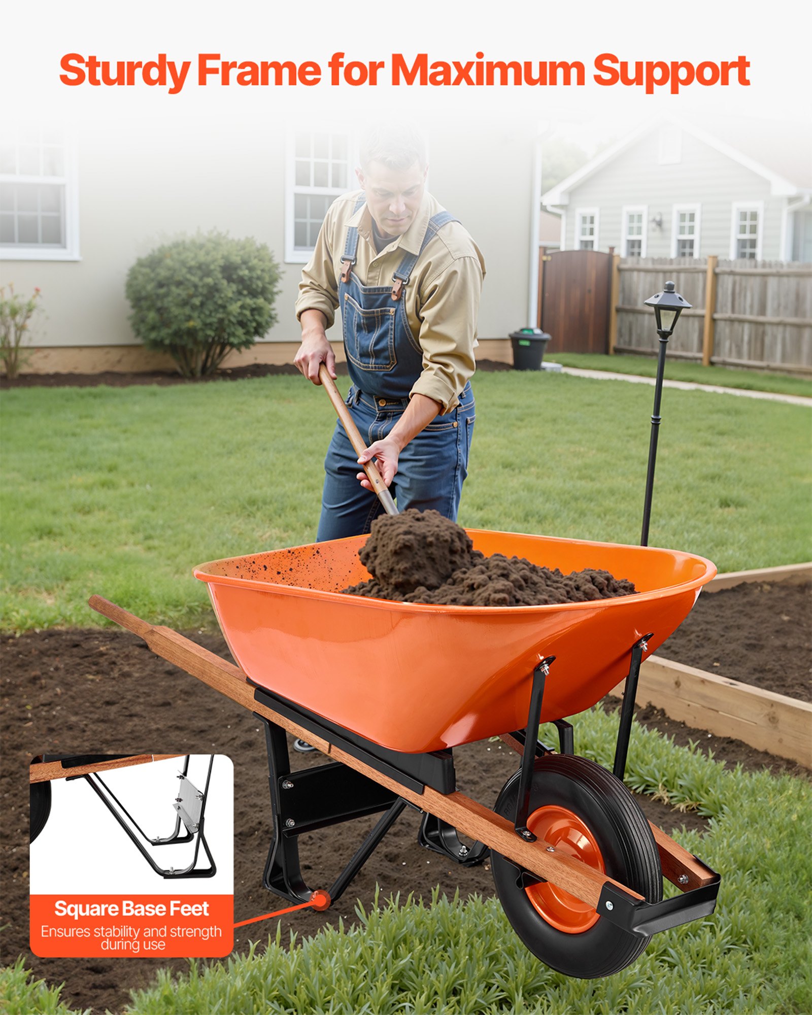 Carrito de Rueda para Jardín, 6 pies cúbicos y 330 lbs de capacidad, Carretilla con Manija de Metal y Ruedas de Pista 16' para Transporte Fácil en Jardines y Granjas — imagen 3