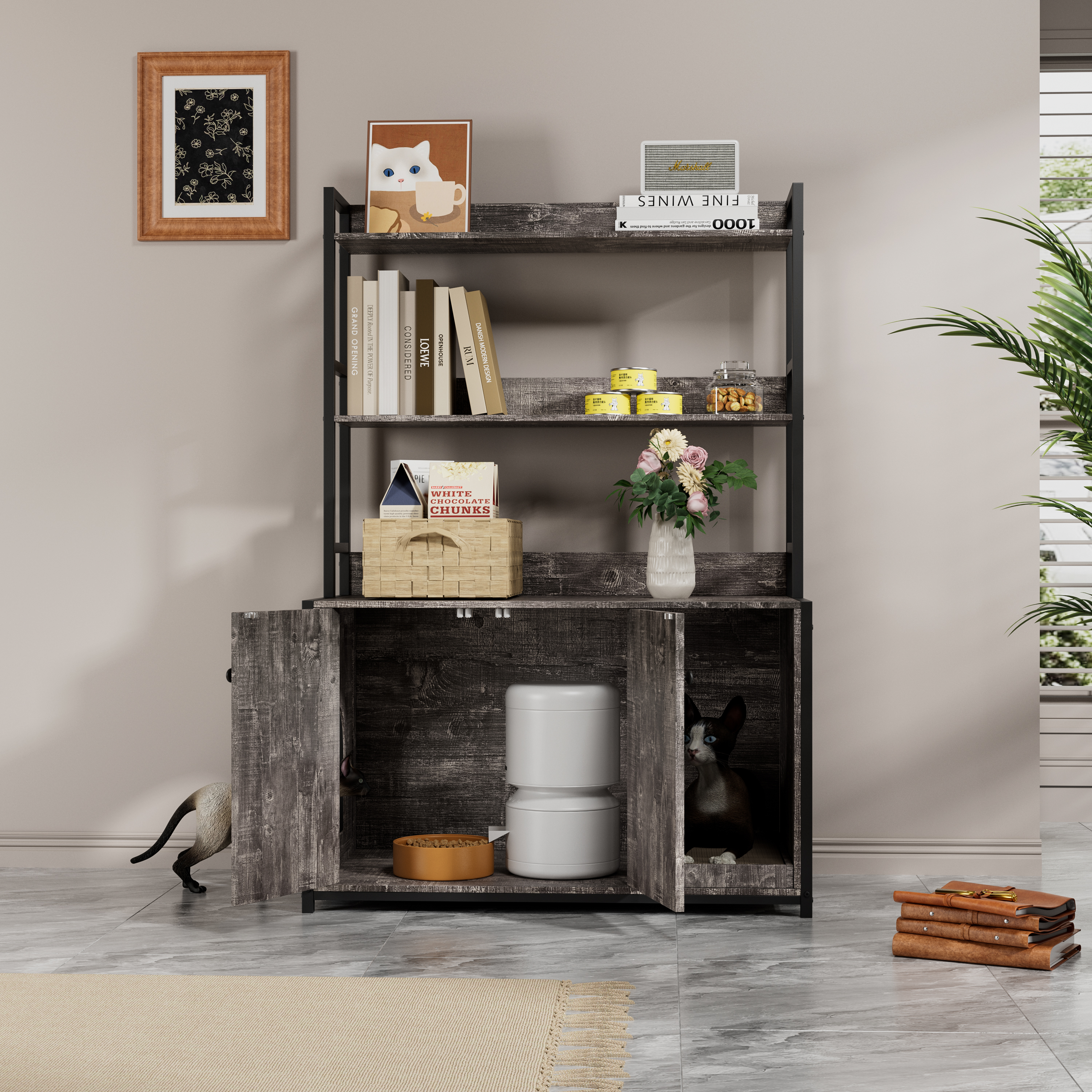 Caja de Limpieza para Gatos Grande con Almacenamiento, Mueble Oculto para Baño de Gato, Casa de Madera con Pala para Raspar, Armario de Gatos Interior Resistente con 2 Puertas (Gris) — imagen 3
