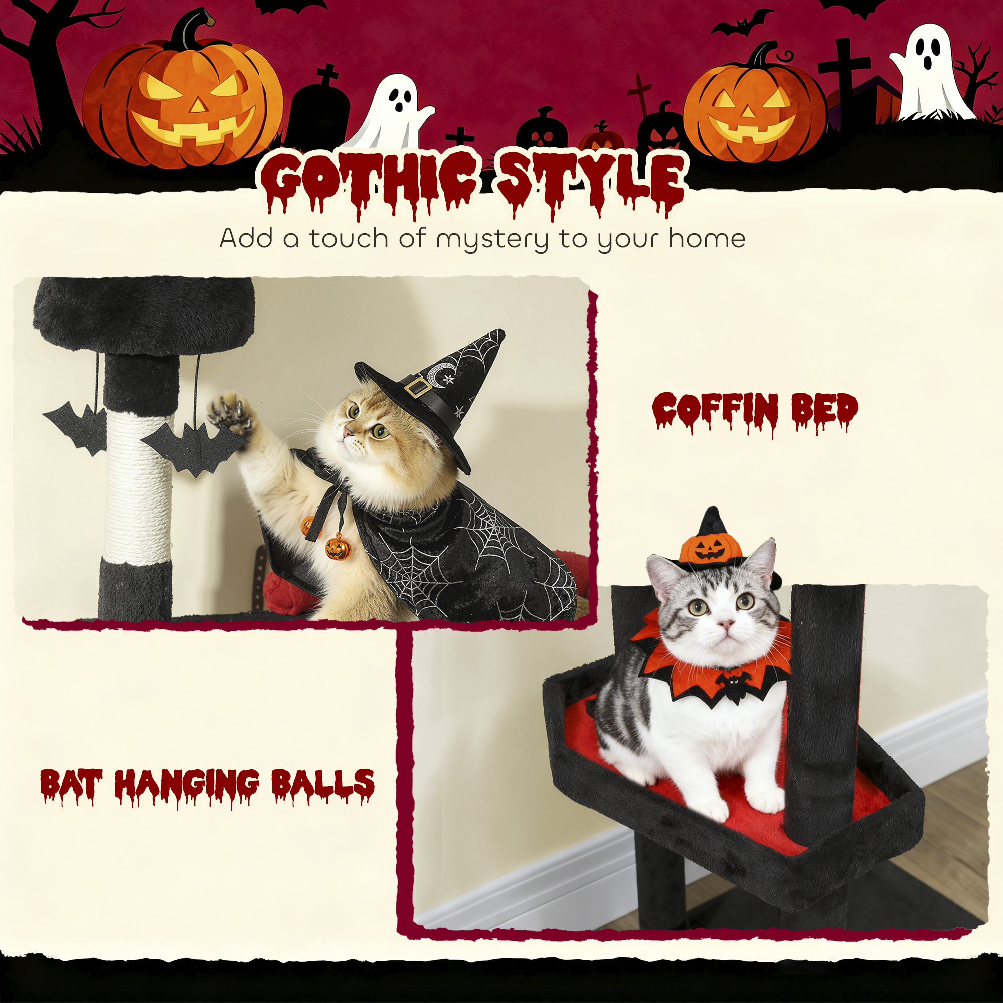Árbol Gótico para Gatos de 78" con Caja de Tumba, 2 Condominios Espaciosos, Postes de Escarbar de Sisal, Bolas de Murciélagos y Decoración de Halloween — imagen 2