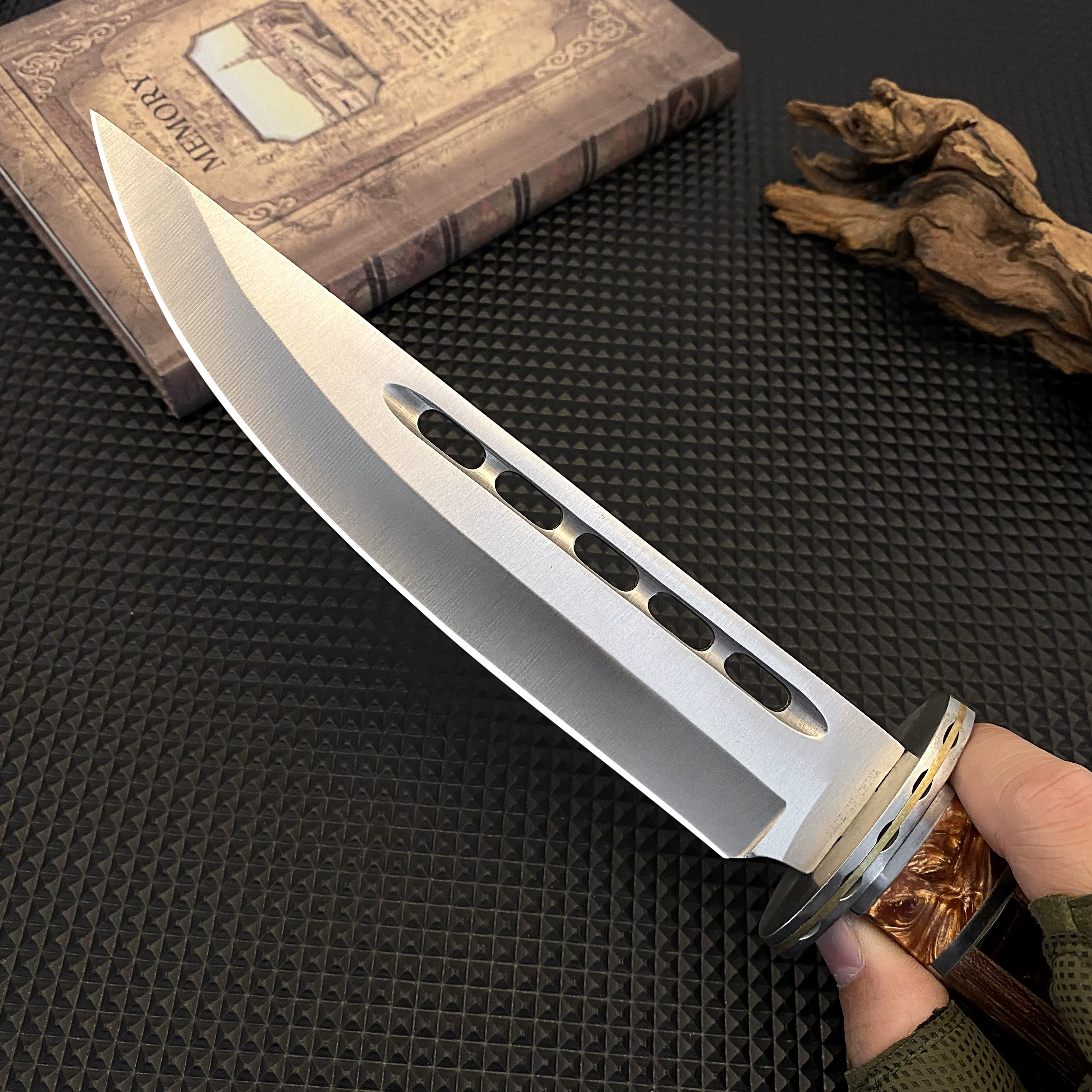 Outdoor tactical straight knife with wooden handle, featuring a nylon sheath—ideal for wilderness expeditions — image 2