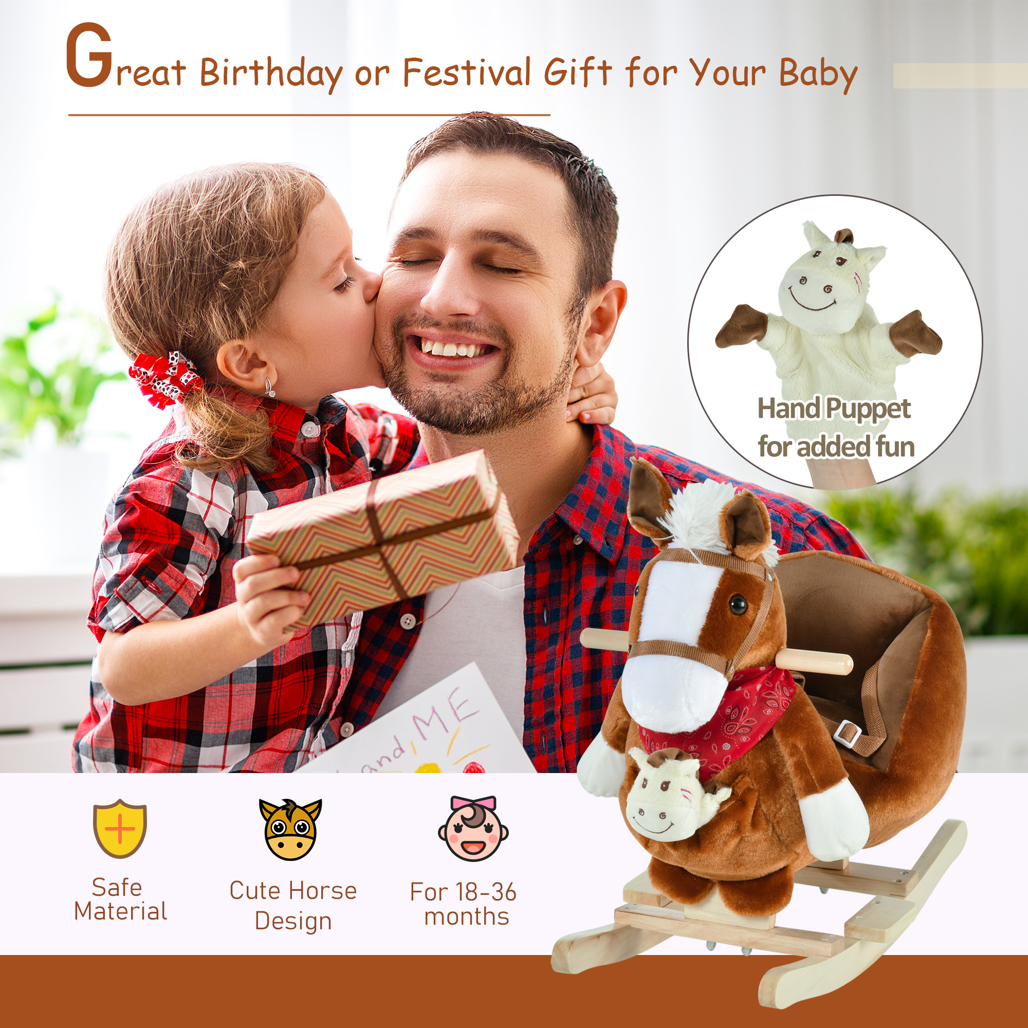 Kids Ride-On Rocking Horse Toy, Rocker With Lullaby Song, Hand Puppets & Soft Plush Fabric For Children 18-36 Months, Brown — image 3