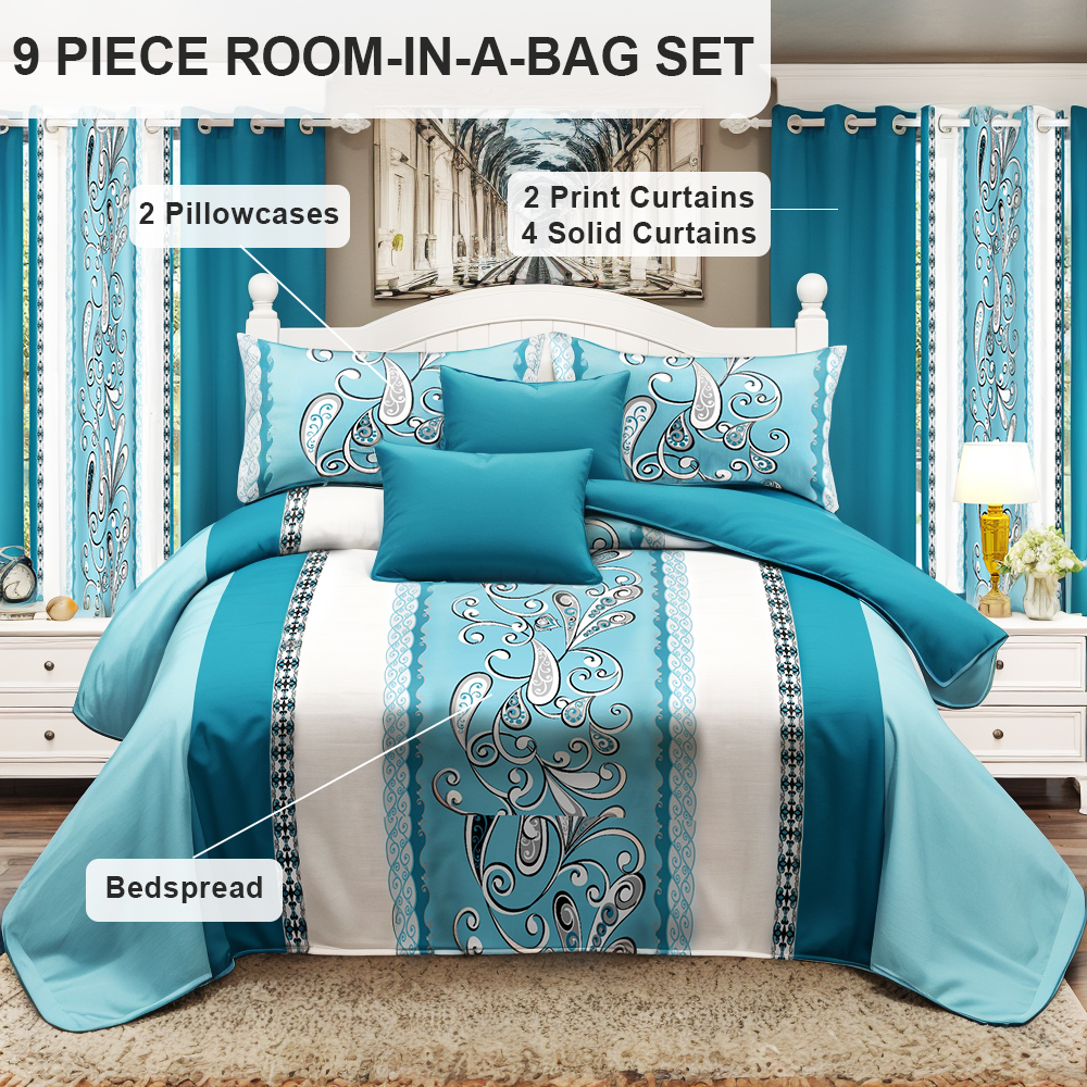 Juego de Edredón y Cortinas Room In A Bag de 9 Piezas, Colcha Gruesa con Estampado de Cachemira Turquesa Aguamarina de Diseñador de EE. UU. con 6 Paneles de Cortina Personalizables, Cubrecama de Alto GSM Apto para Mascotas — imagen 3