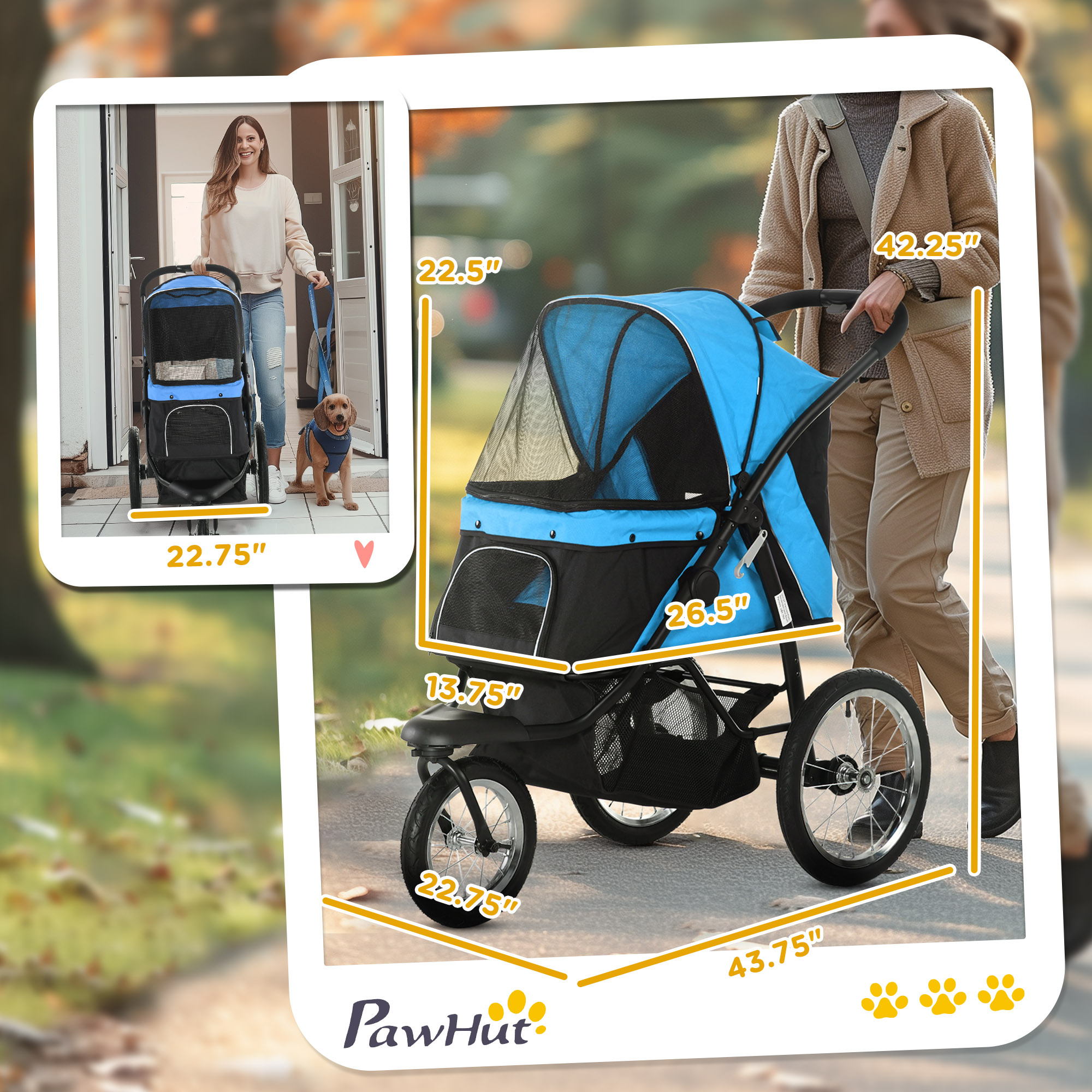 Cochecito para Mascotas de 3 Ruedas para Perros Pequeños y Medianos con Techo Ajustable, Correa de Seguridad y Cesta de Almacenamiento, Azul — imagen 6
