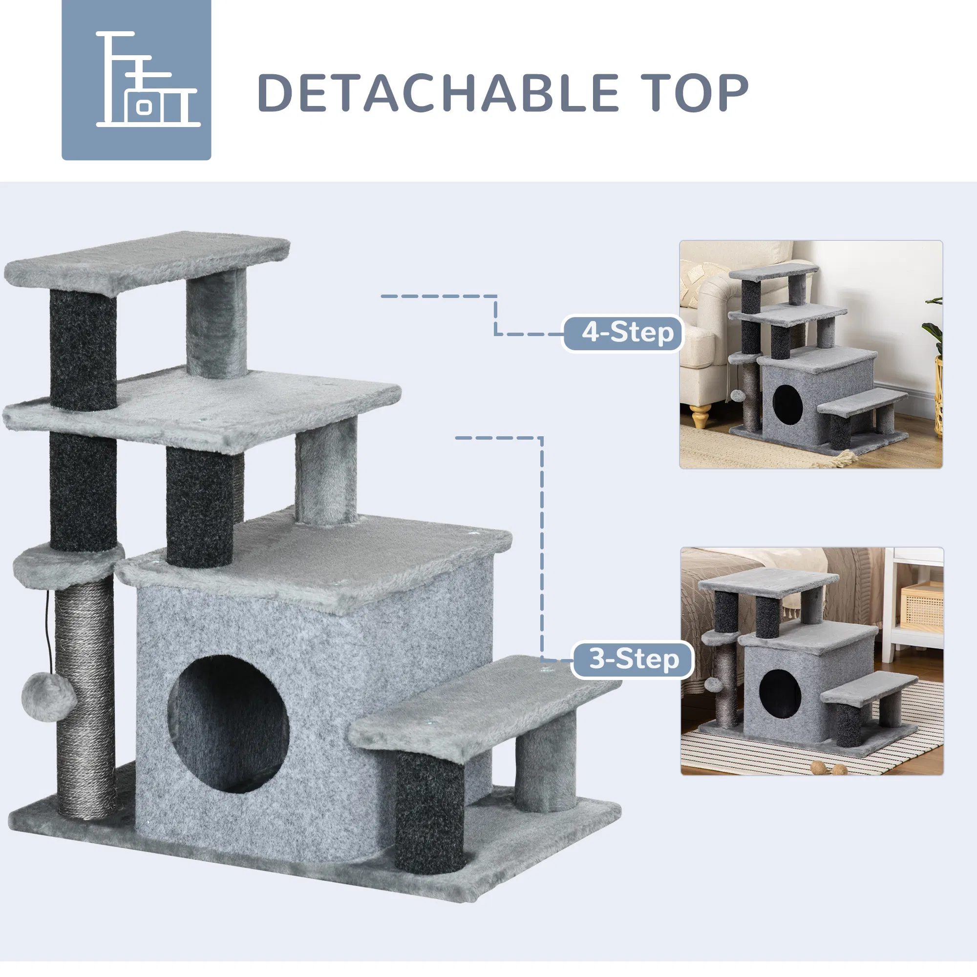 Cat Stairs Pet Steps for Couch Bed with Scratching Posts Condo Ball Toy, 23.6" x 15.7" x 26", Grey — image 3