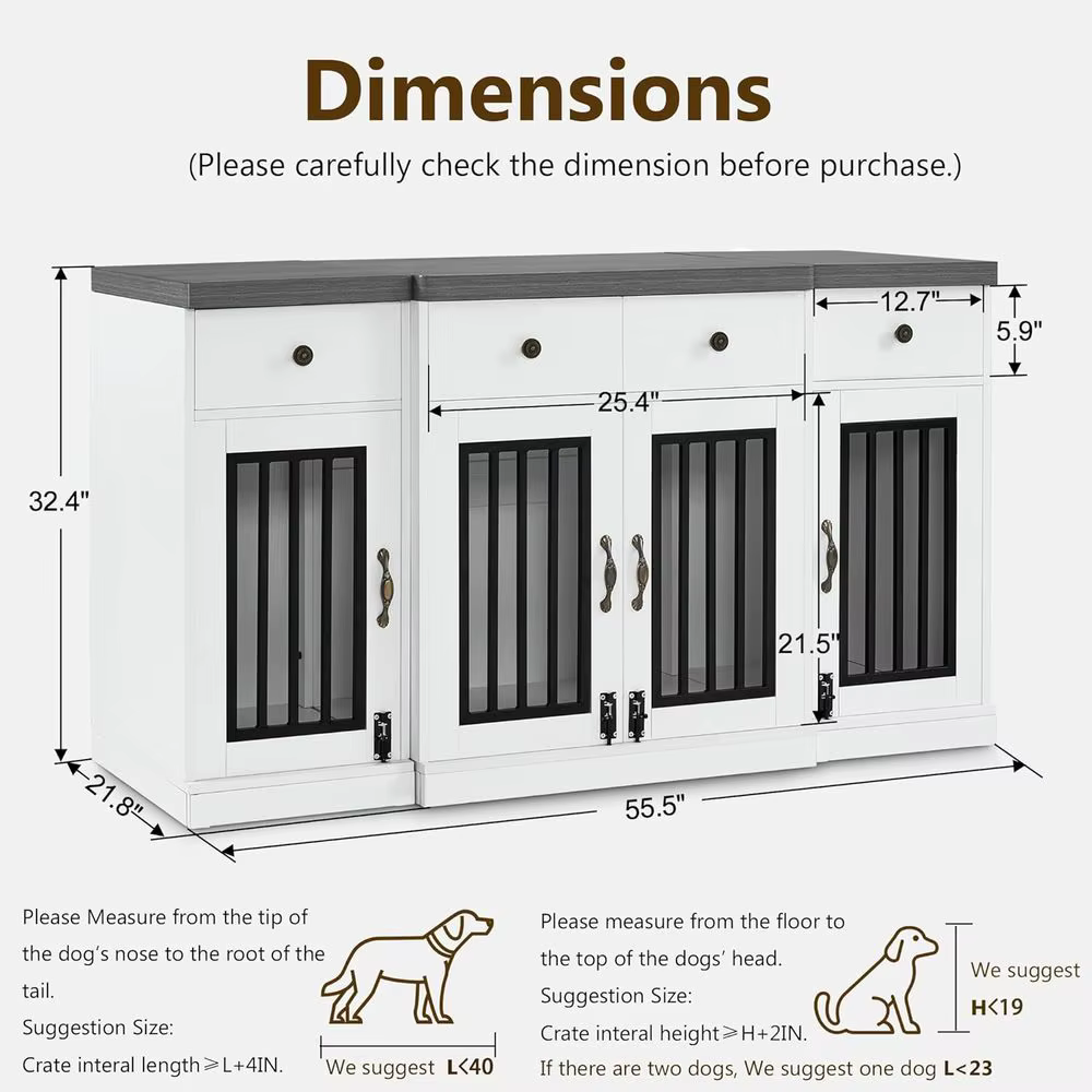 Caja para Perros Grande/Medio de Madera con 4 Cajones y 4 Puertas Con Bloqueo, Sofá para Mascotas con TV, Blanco y Gris — imagen 3