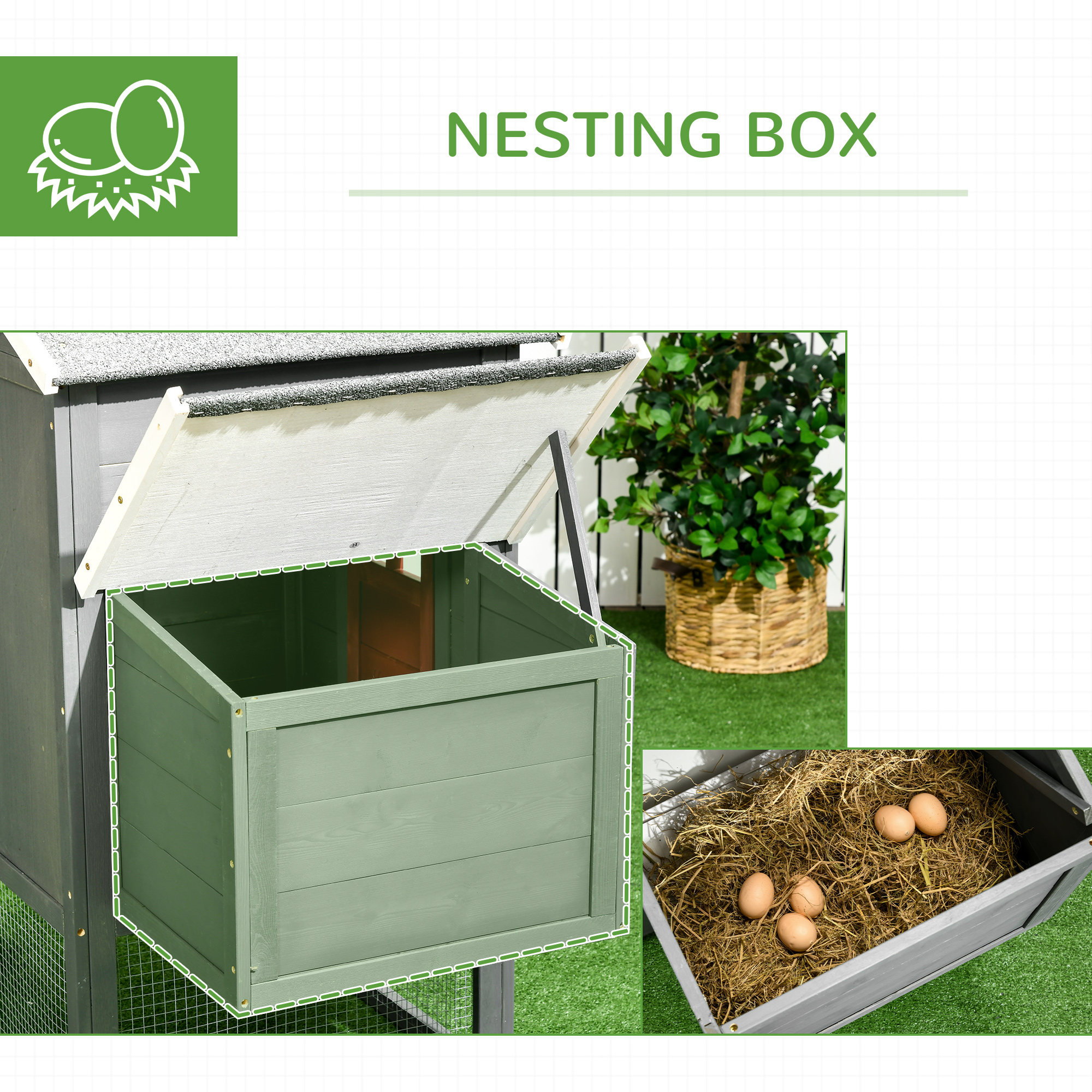 118" Coop de Pollos Extra Grande con Techo de Asfalto, Corral para Gallinas con Deslizador y Caja de Puesta, Refugio para 3-6 Pollos, Gris — imagen 5
