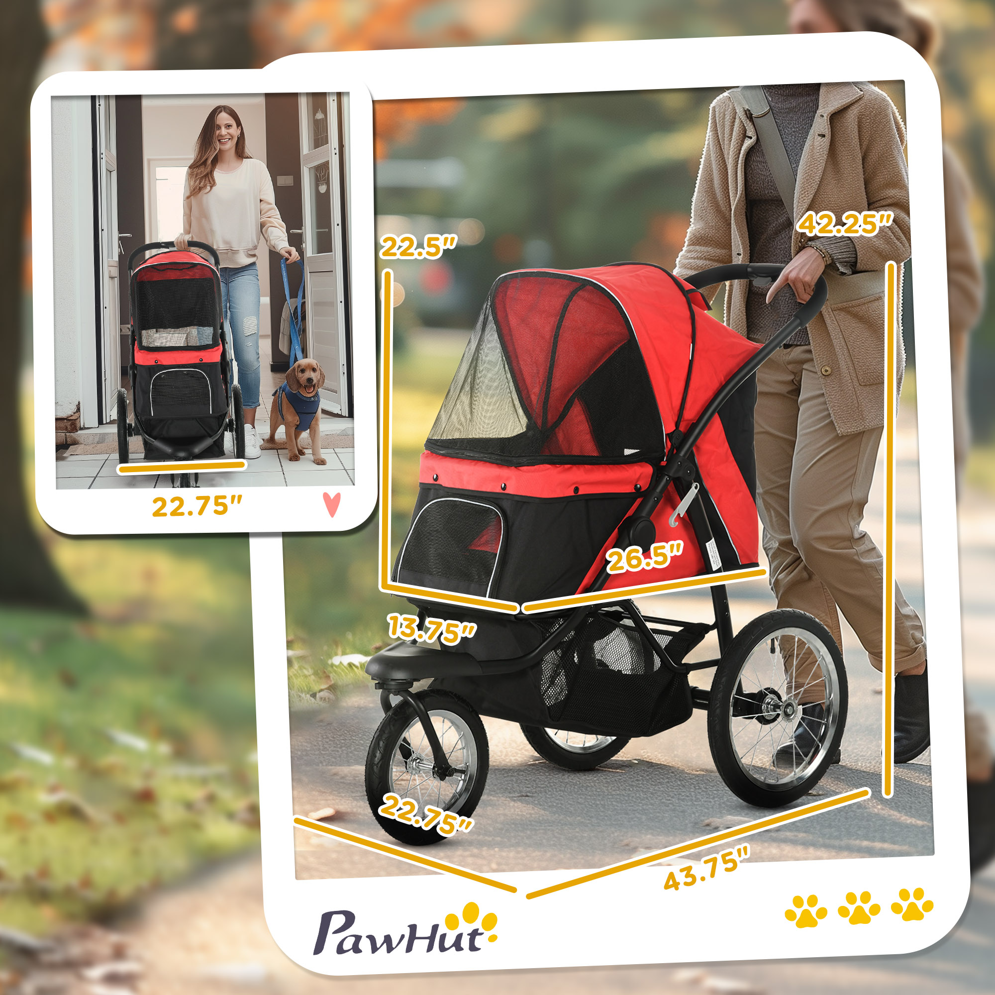 3 Wheels Pet Stroller for Small Dogs and Medium Dogs with Adjustable Canopy, Safety Tether, Storage Basket, Red — imagen 5