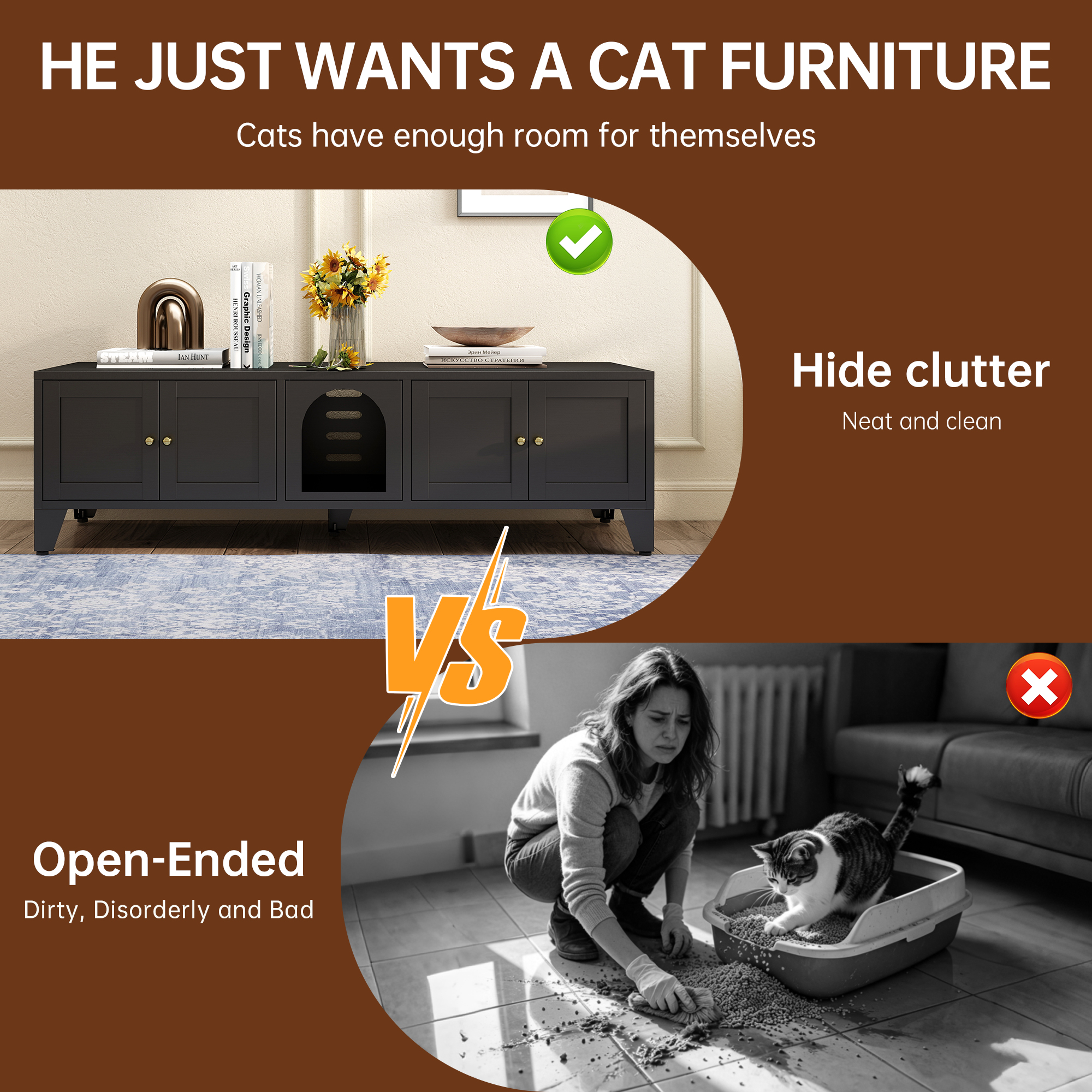 Mueble Cubridor de Arenero Metálico de 58", Mueble Ocultador de Arenero para 2 Gatos, Casa Interior Grande para Gatos, Mueble para TV con Ventilación y 2 Compartimentos, Baño para Mascotas Moderno Negro con Patas Ajustables — imagen 4
