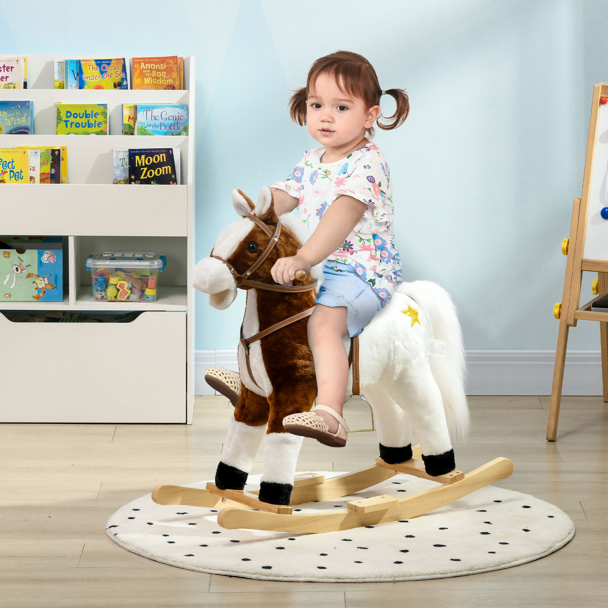 Caballo de Madera con Sonido, Poni de Roca con Silla y Casco, Regalo para Niños de 3 a 8 Años, Marrón — imagen 1