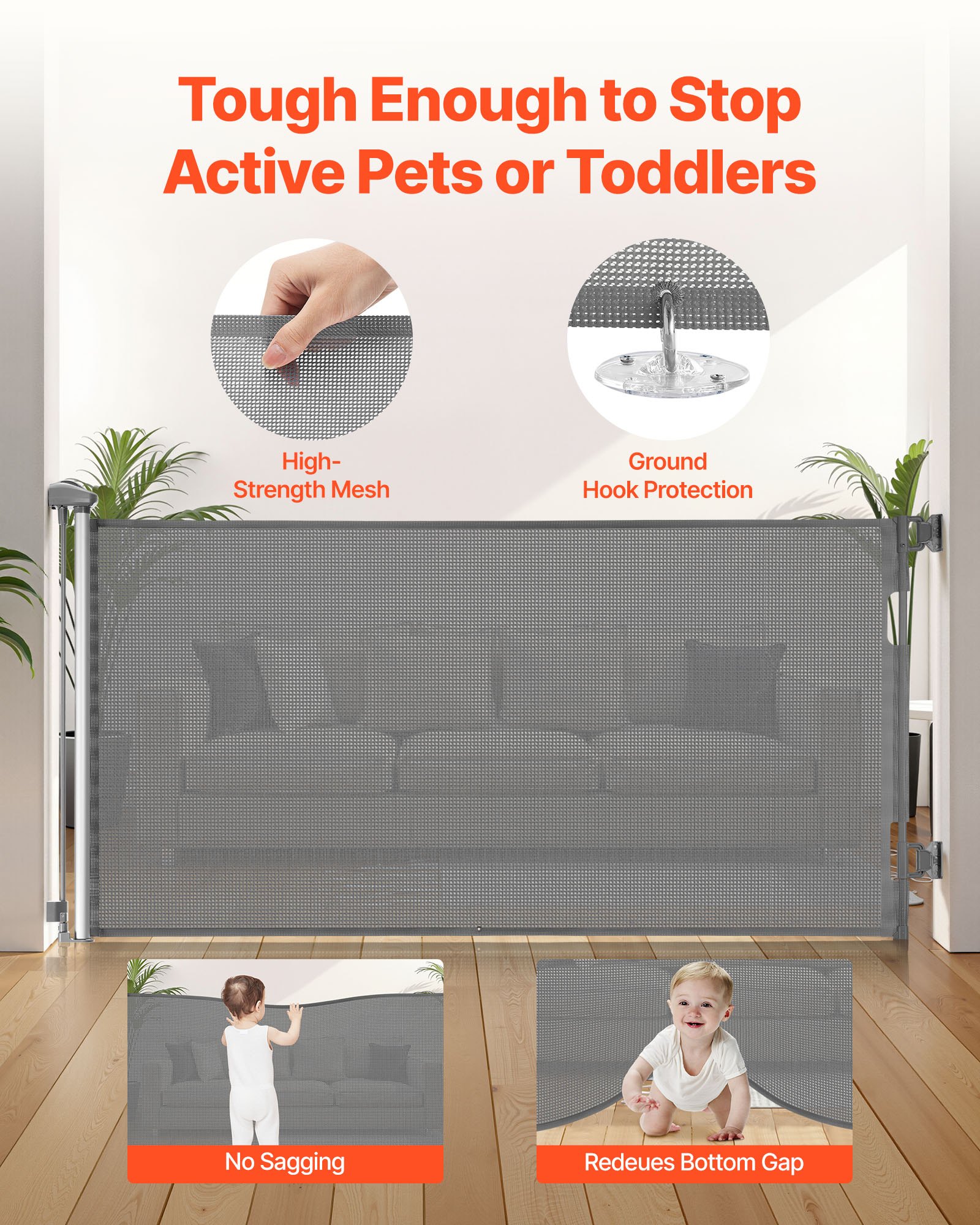 Retractable Baby Gate, Extends To 56.3 Inch Wide, 31.3 Inch Tall, With Security Lock, Easy To Use, Walk Through Without Tripping, Mesh Dog Gate For Stairs, Hallways, Indoor/Outdoor, Gray — imagen 3