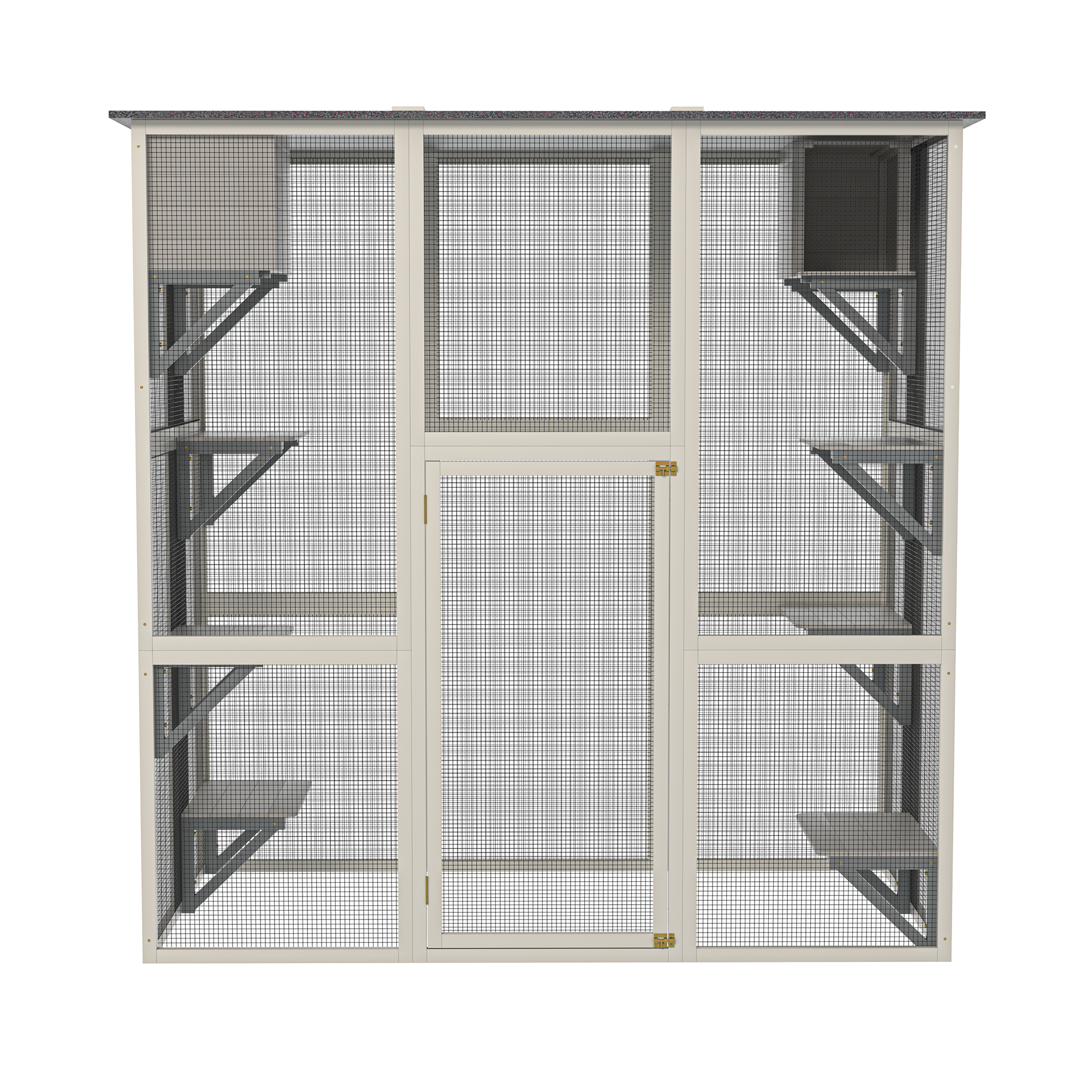 Catio de Exterior en Madera Gris con Techo Asfáltico Resistentes a Clima, Casa para Gatos Grande con 6 Plataformas y 2 Cajas de Descanso, Jaula de Madera Solida para Patio — imagen 3