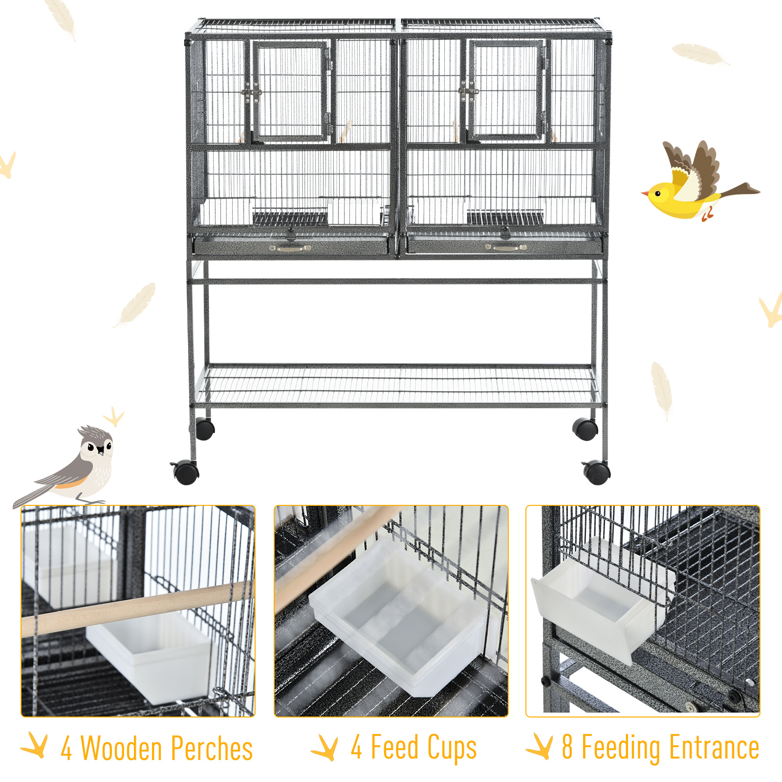 Caja de Reproducción Dividida para Aves con Soporte Rodante, bandeja metálica removible, estante de almacenamiento, percha de madera y contenedor de comida — imagen 5