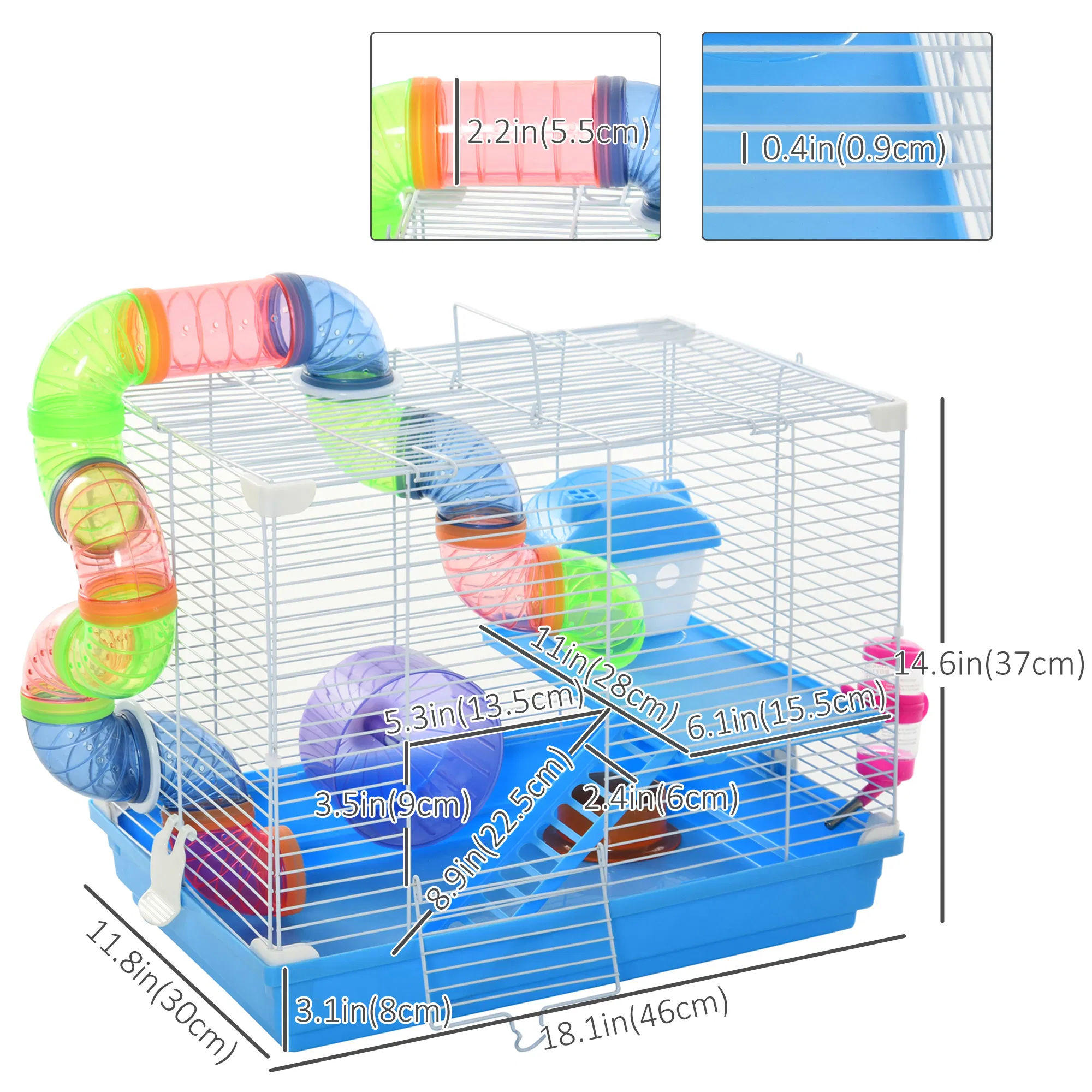 L Hamster Cage, Small Animal House, 2-Level Rat Gerbil Haven with Tunnel Tube System, Exercise Wheel, Water Bottle, Food Dish, Ramp, Blue — image 2