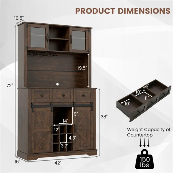 Armario de Pantry Farmhouse marrón de 72" con Hutch, Puertas de Cerradura y Estantería para Vino — imagen 5