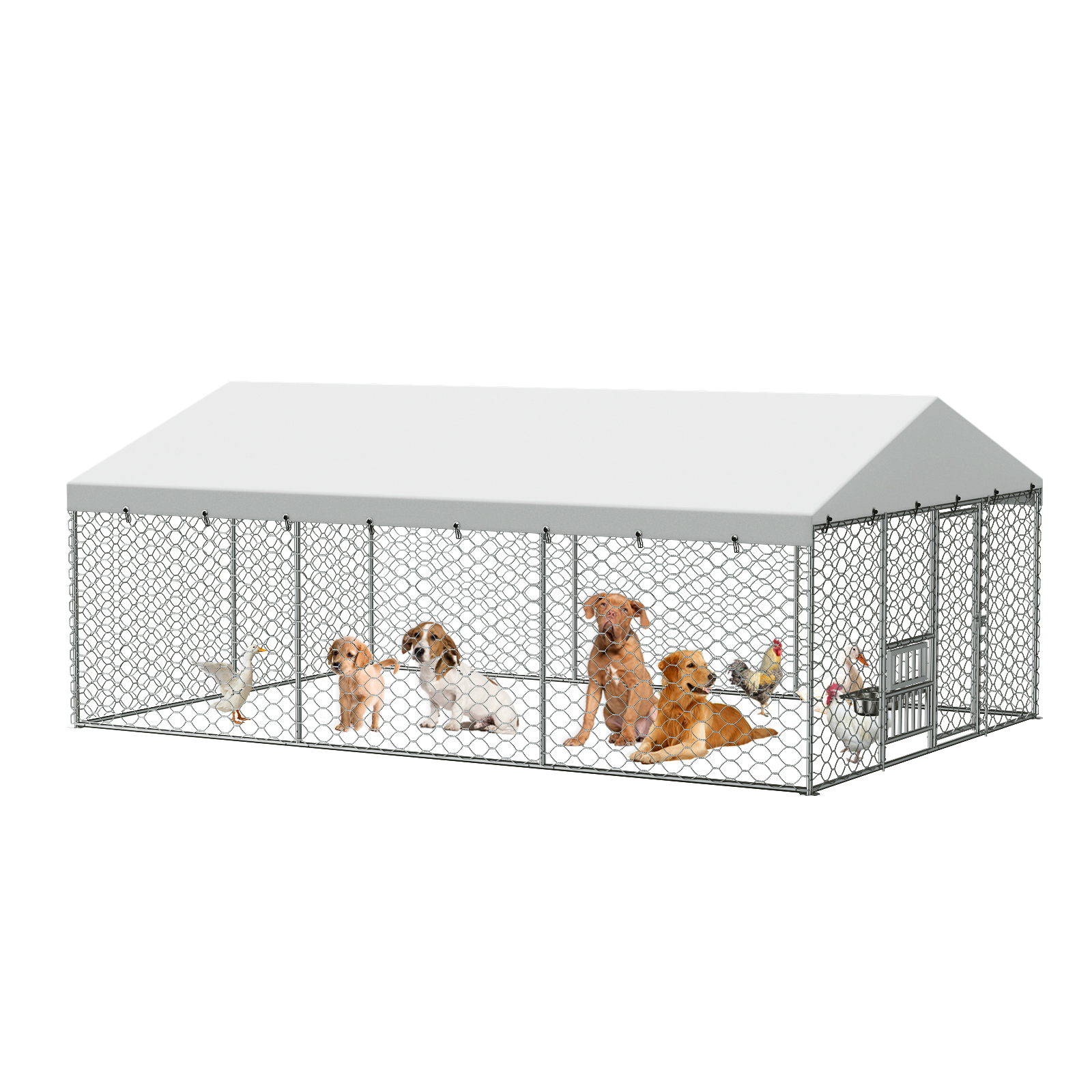 Jaula al aire libre grande para perros con techo, estructura de acero galvanizado resistente, cubierta impermeable, platos de alimentación elevados integrados, jaula de juego segura y cerrada para perros grandes y múltiples animales — imagen 3