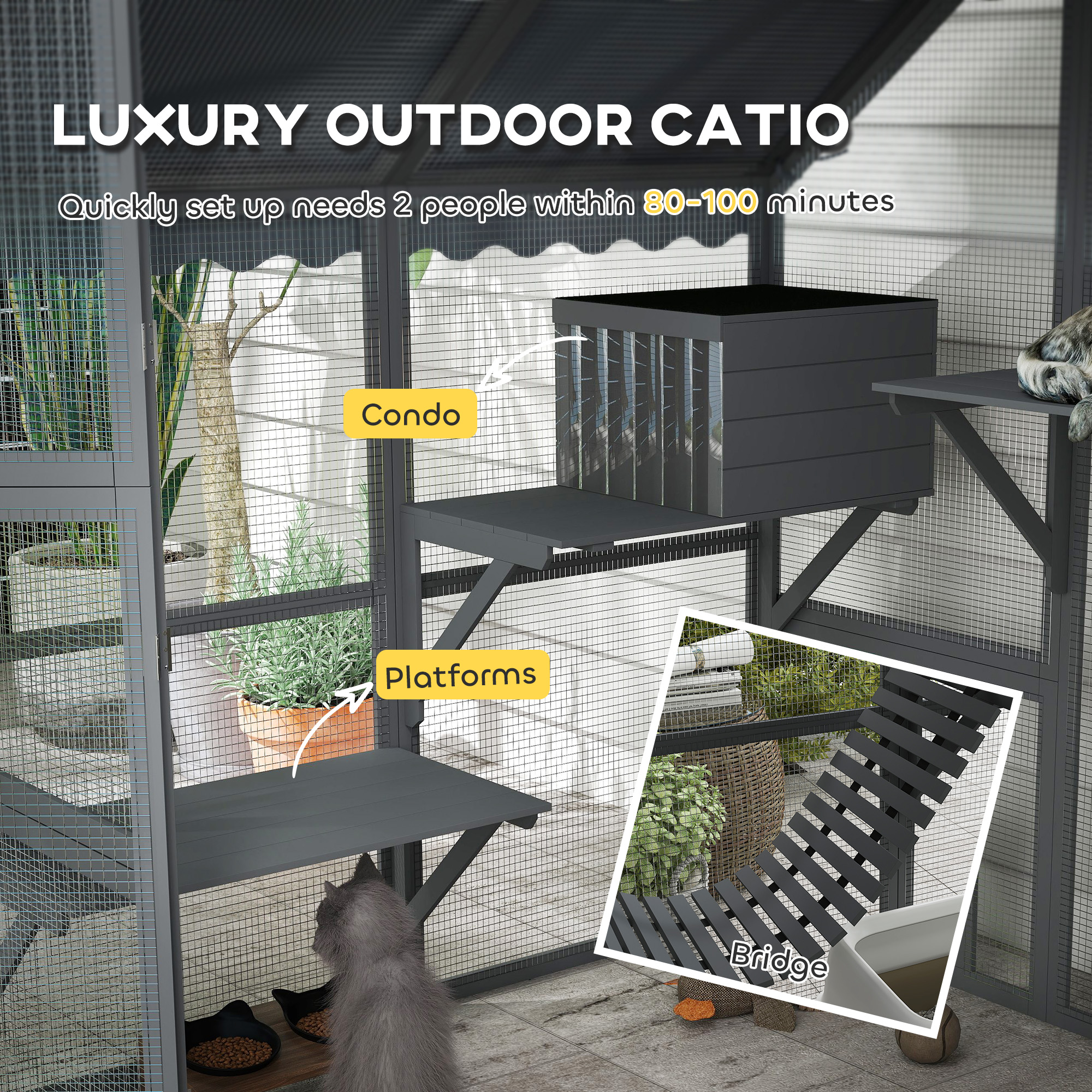 Wooden Catio Outdoor Cat Enclosure with Waterproof Cover, 2 Condos, 4 Platforms, Bridge, Doors, Gray — image 8