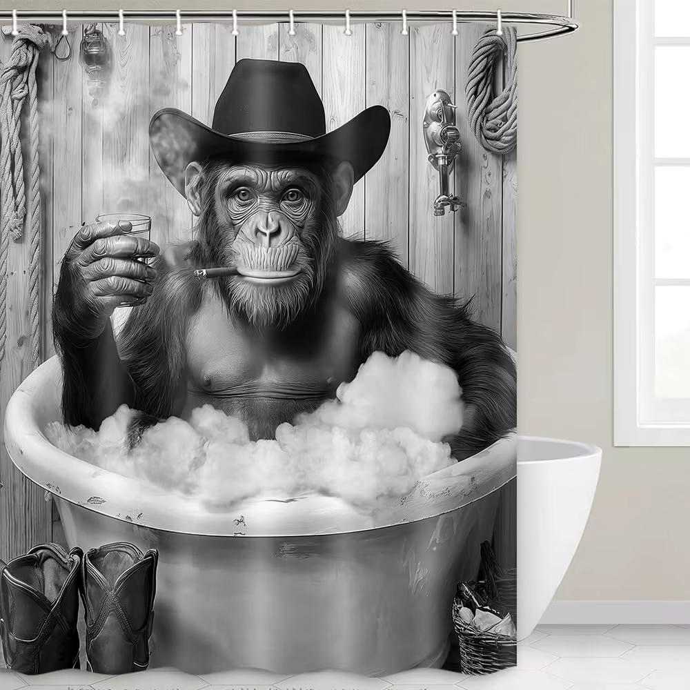 Funny Monkey Shower Curtain Black White Fun Western Cowboy Gorilla Bathtub Farmhouse Rustic Cool Animal Funky Chimpanzee — image 1