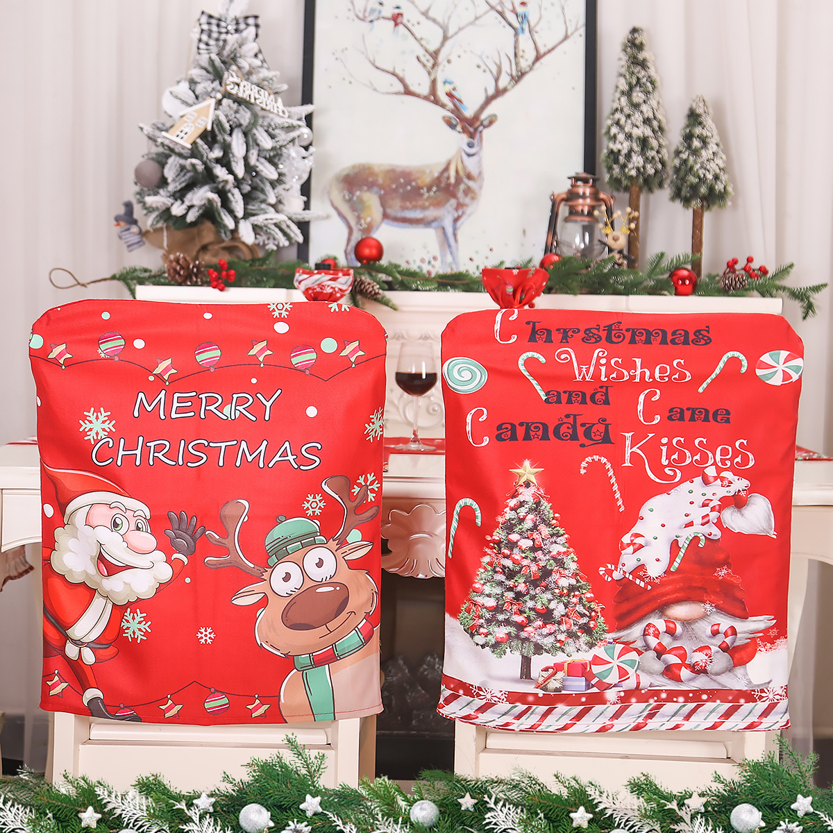 Christmas Home Decoration Cartoon Elderly Elk Printed Chair Cover Red Chair Cover Back Cover — image 1
