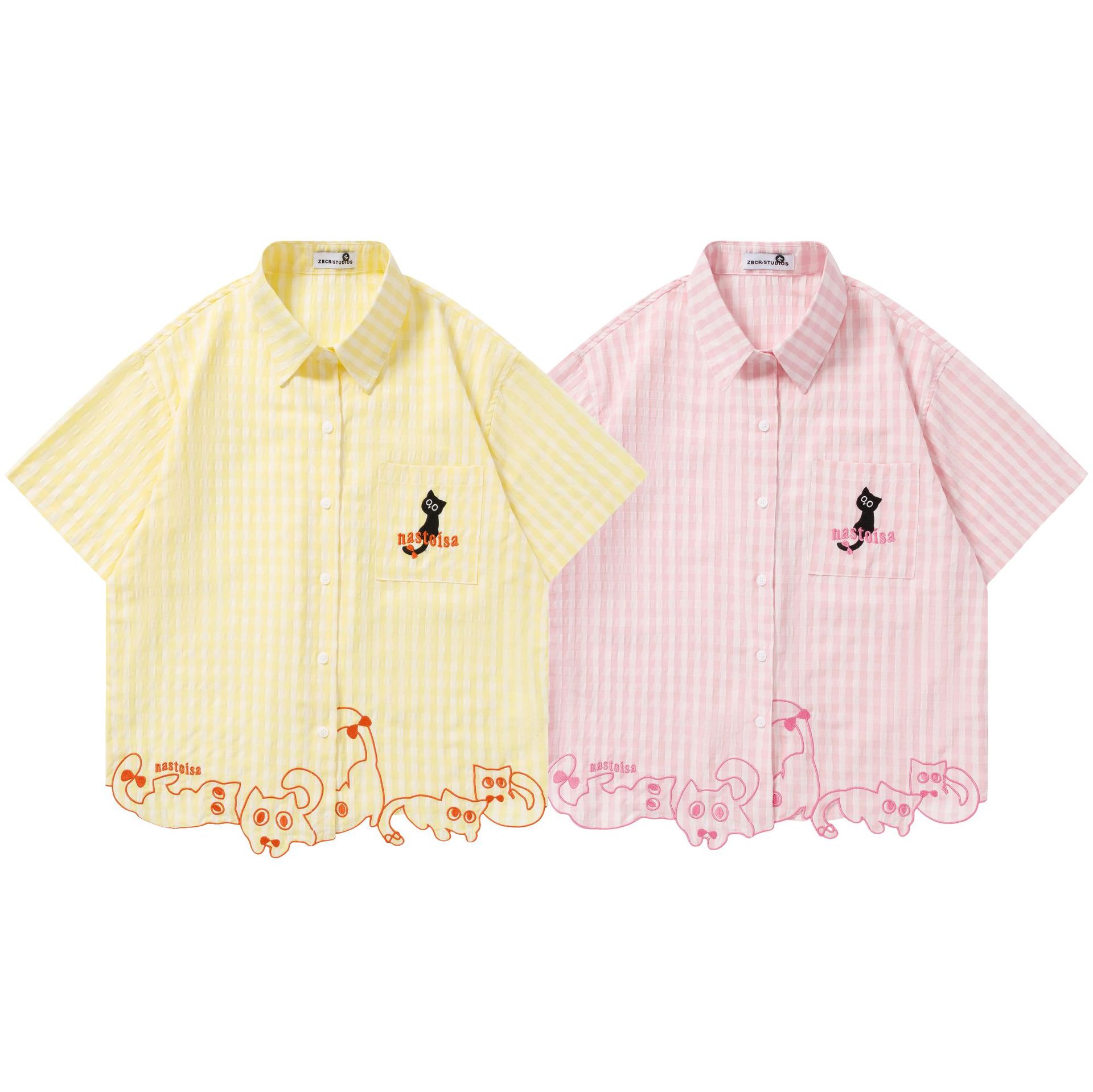 Cartoon cat embroidered short sleeved shirt — image 6