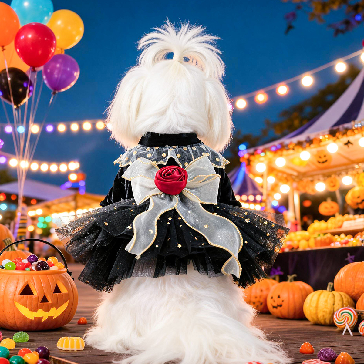Pet Dog Cat Clothes Halloween Black Velvet Rose Dress Cute Small Dog — image 3