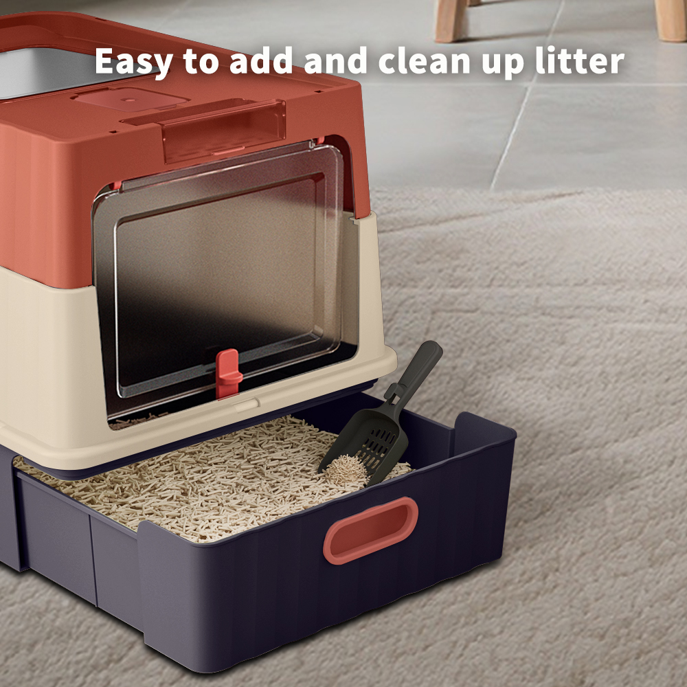 Caja de Arena para Gatos con Acceso Doble y Cierre Total, Diseño Anti-Rastro en Entrada Superior, Espacio Ampliado para Orinar con Cuchara de Limpieza — imagen 2