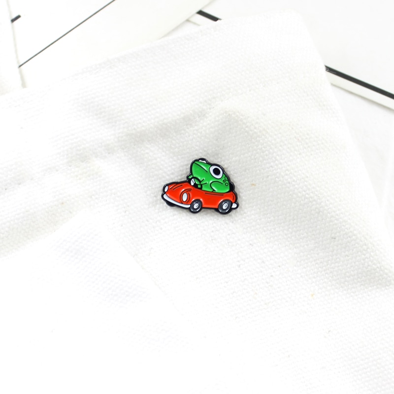 Frog Driver Enamel Pin Small Red Car Brooch Backpack Clothes Lapel Funny Animal Frog Jewelry Gift for Friends Children — image 7