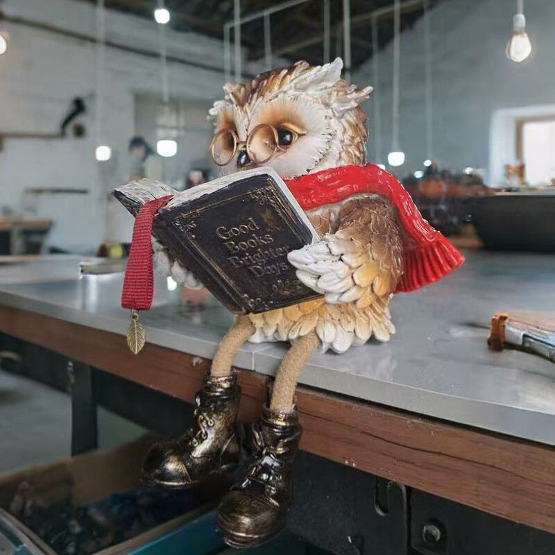 Reading Owl Figurine – Creative Owl Statue with Glasses, Scarf, Boots & Open Book, Bookshelf & Reading Nook Decor Sculpture — image 2