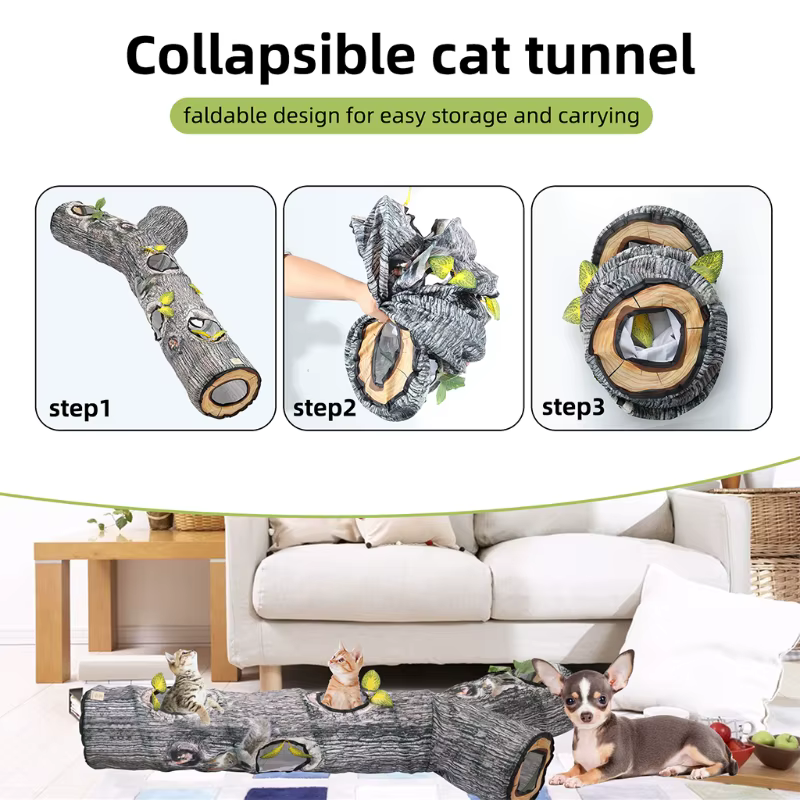 Big Collapsible Cat Tunnel Cat Toys Play Tunnel Durable Polyester Tree Pattern Hideaway Crinkle Tunnel for Small Pet — image 4