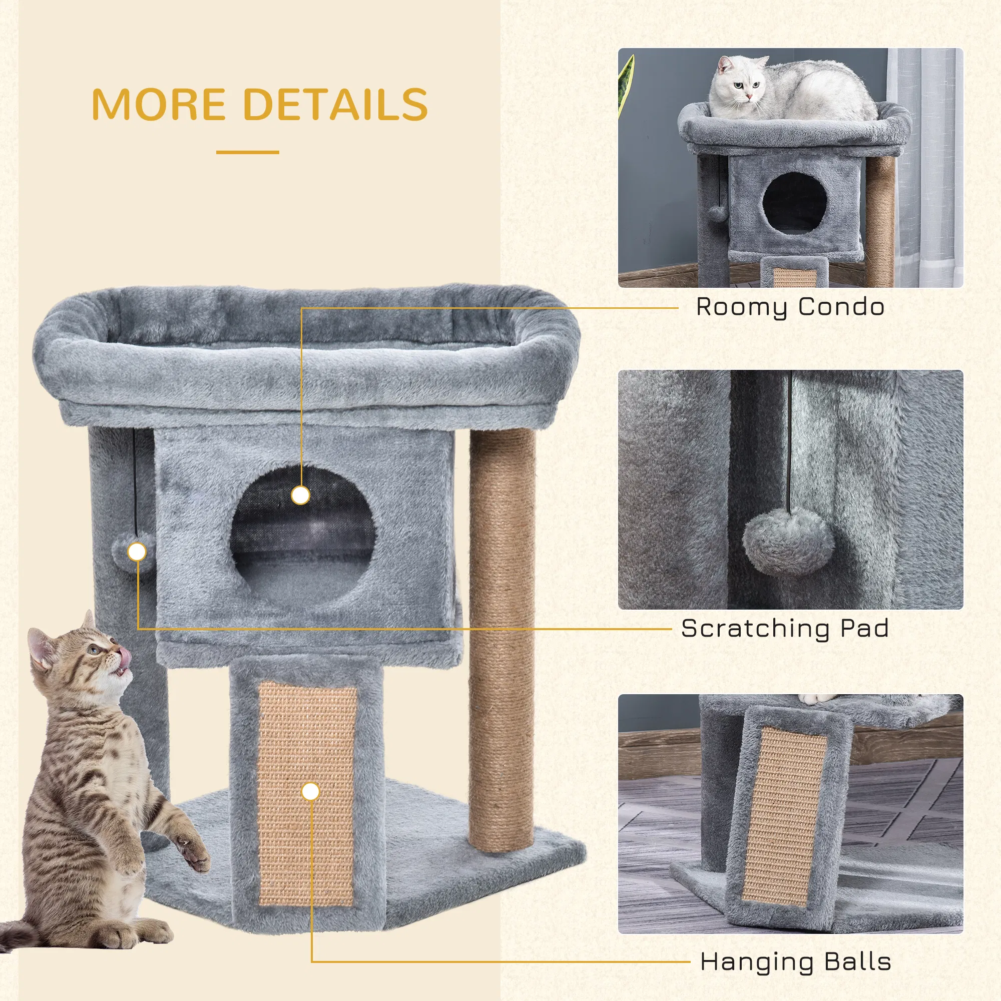 Cat Tree, Small Cat Tower with Perch, Scratching Post, Cat Condo, Toy Ball for Kitty, Indoor Use, Grey — image 6