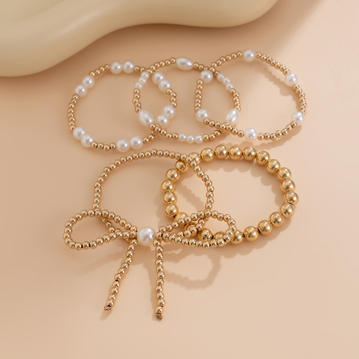 Butterfly knot bead multi-layer bracelet 5-piece set, internet famous style imitation pearl bracelet for women — image 4