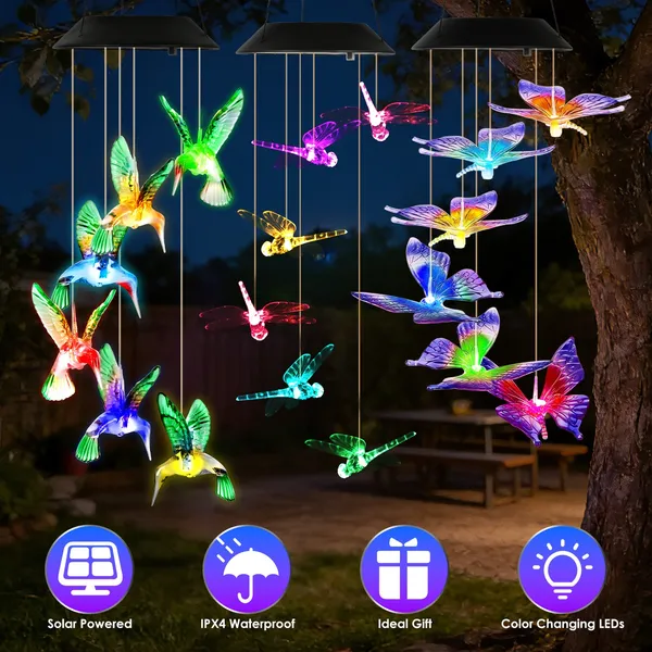 3Pack Solar Hummingbird Butterfly Dragonfly Wind Chimes 7 Color Changing Wind Chime For Outside IPX4 Waterproof Outdoor Garden Yard Decor — imagen 2