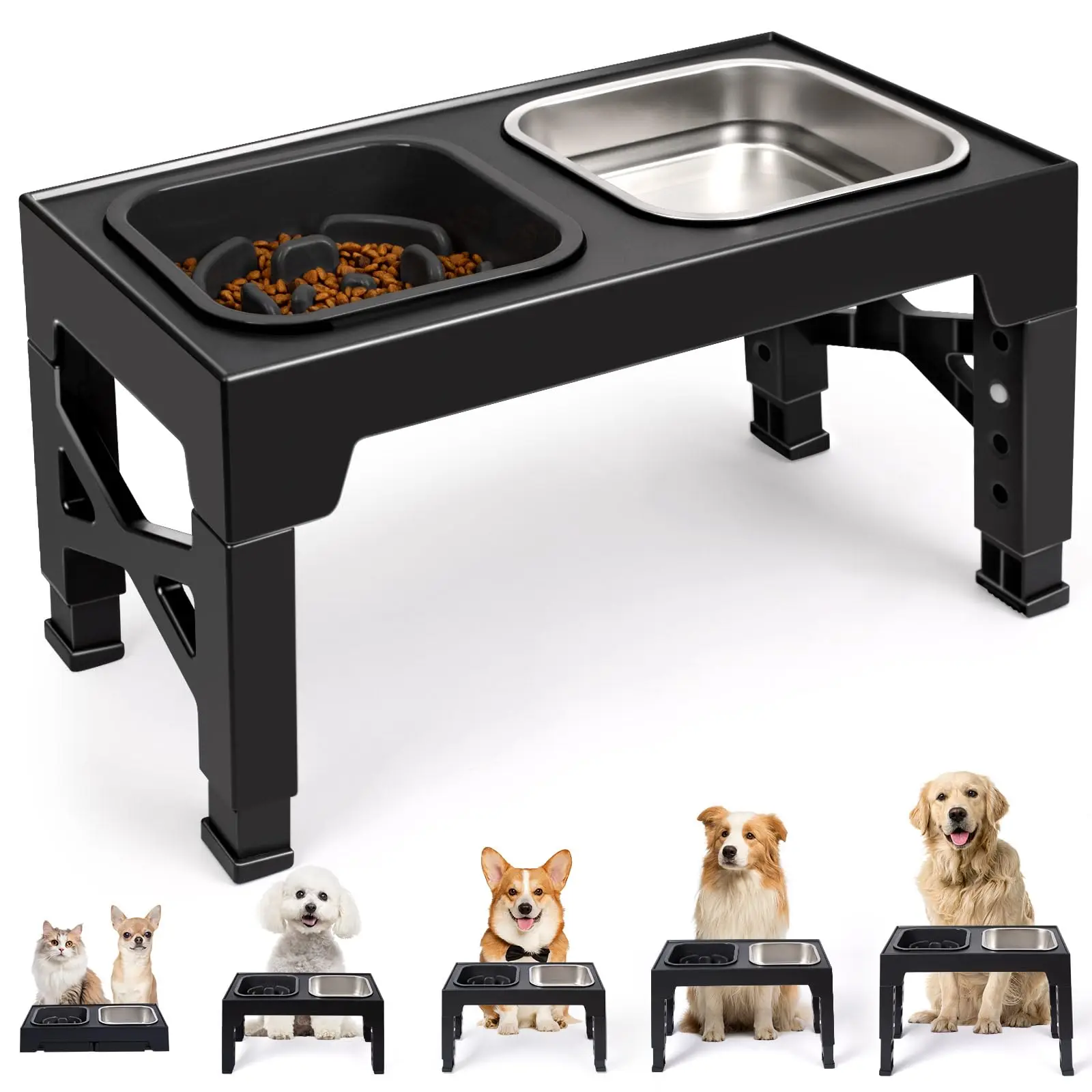 Comederos Elevados para Perros 2 en 1 Comedero Lento, Comederos de Comida y Agua para Mascotas de Acero Inoxidable/Plástico Antideslizantes con Base Plegable — imagen 1