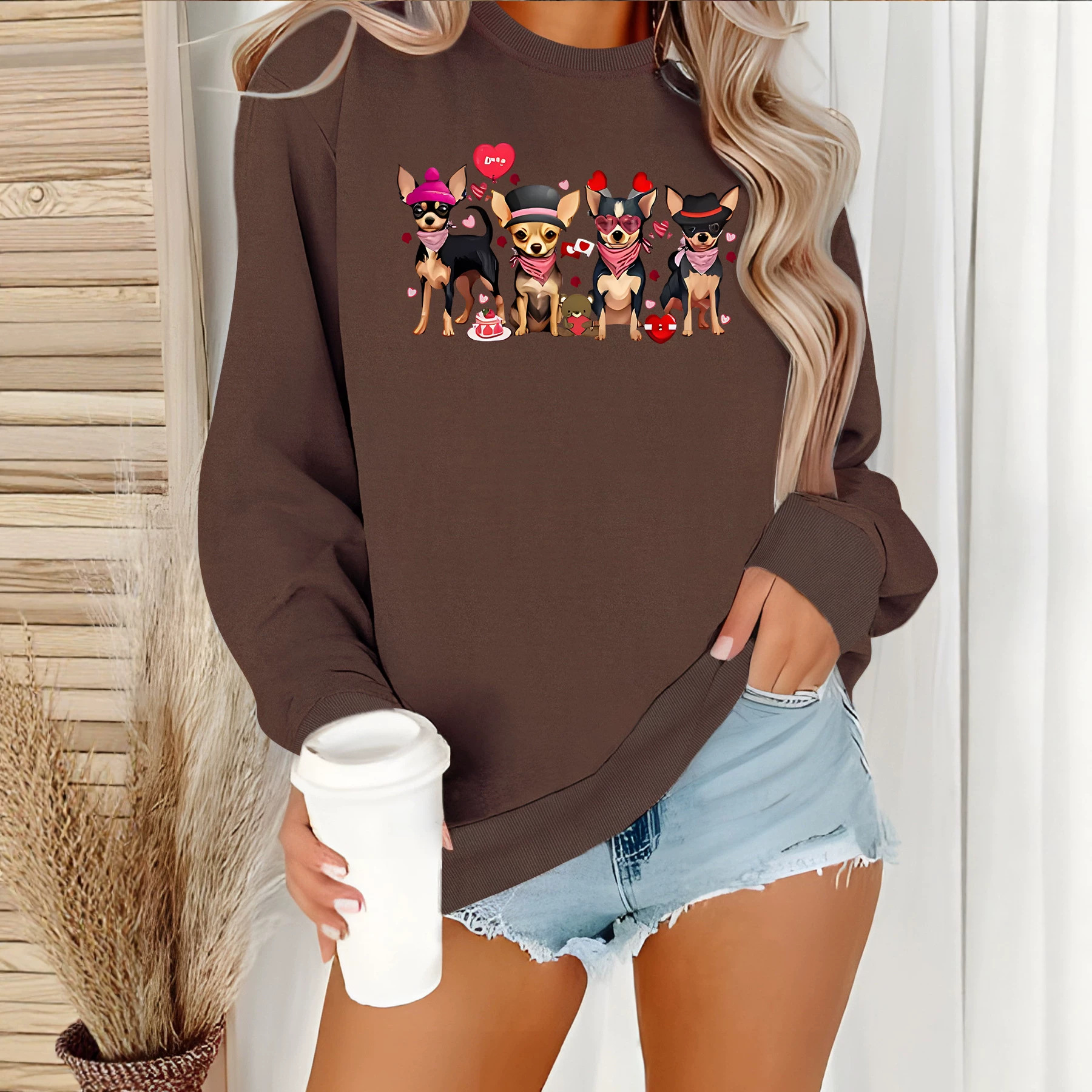 Dog print round neck fleece hoodie — image 3