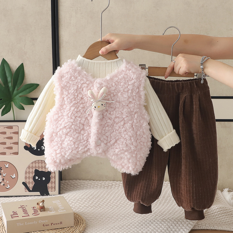 Stylish Girls Fleece-Lined Three-Piece Set with Rabbit Vest — image 5