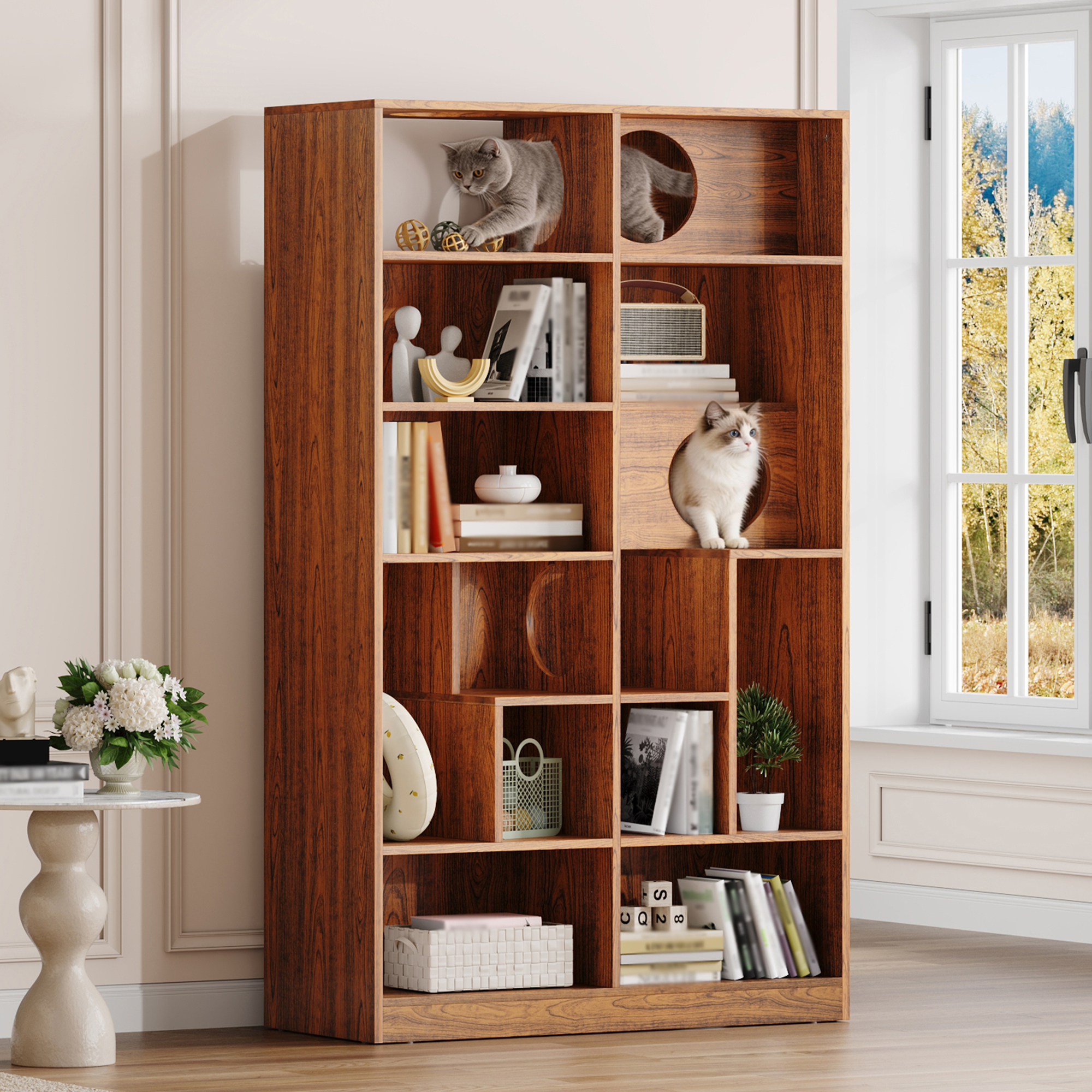 Modern 2 IN 1 Wood Bookshelf Cat House, Cat Tree Display Case With Storage, Cat Litter Box Enclosure Climbing Shelf - BROWN — image 1