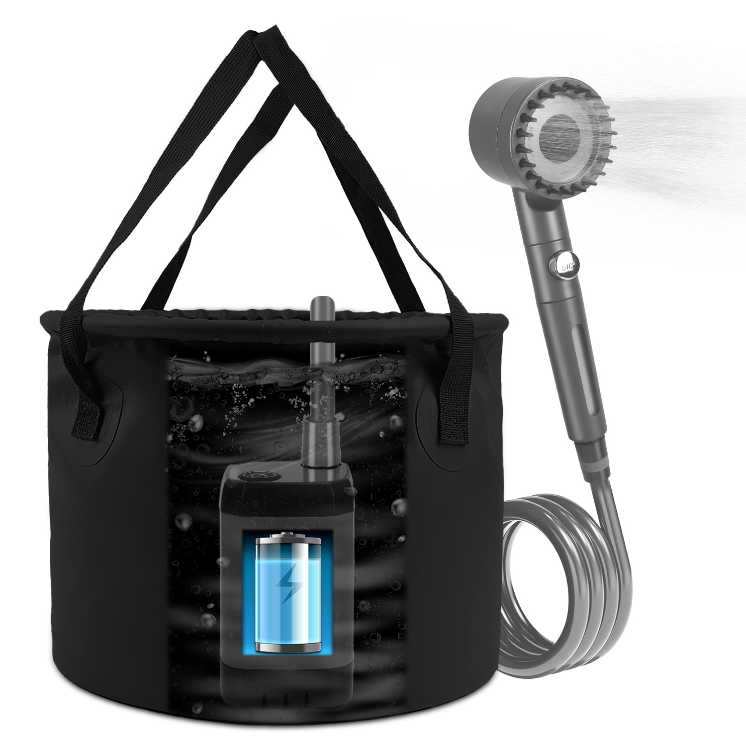 Ducha Portátil para Camping con Accesorios IPX7 Resistente a Agua 6000mAh Recargable Ducha con Cabezal Filtro Capacidad 5.3 Galones Bolsa de Almacenamiento Plegable para Caminatas Playas Viajes y Mascotas — imagen 16
