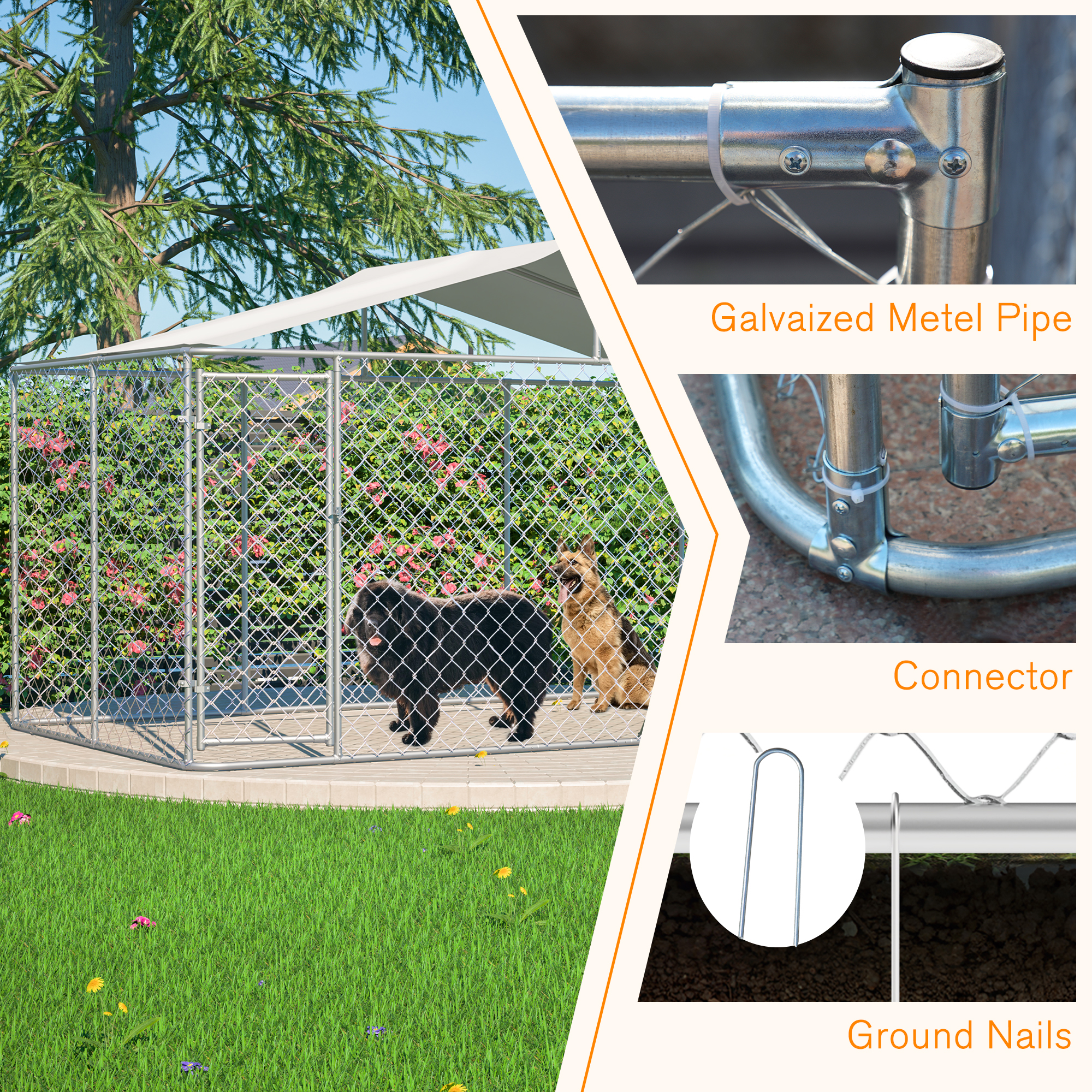 Cubo de Perro Externo Resistente 13,1x7,5x7,6 m, Jaula de Enlace Galvanizado con Cubierta Anti-UV Impermeable y Cerradura Segura para Ejercicio Grande de Perros Pequeños y Mascotas Menores — imagen 4